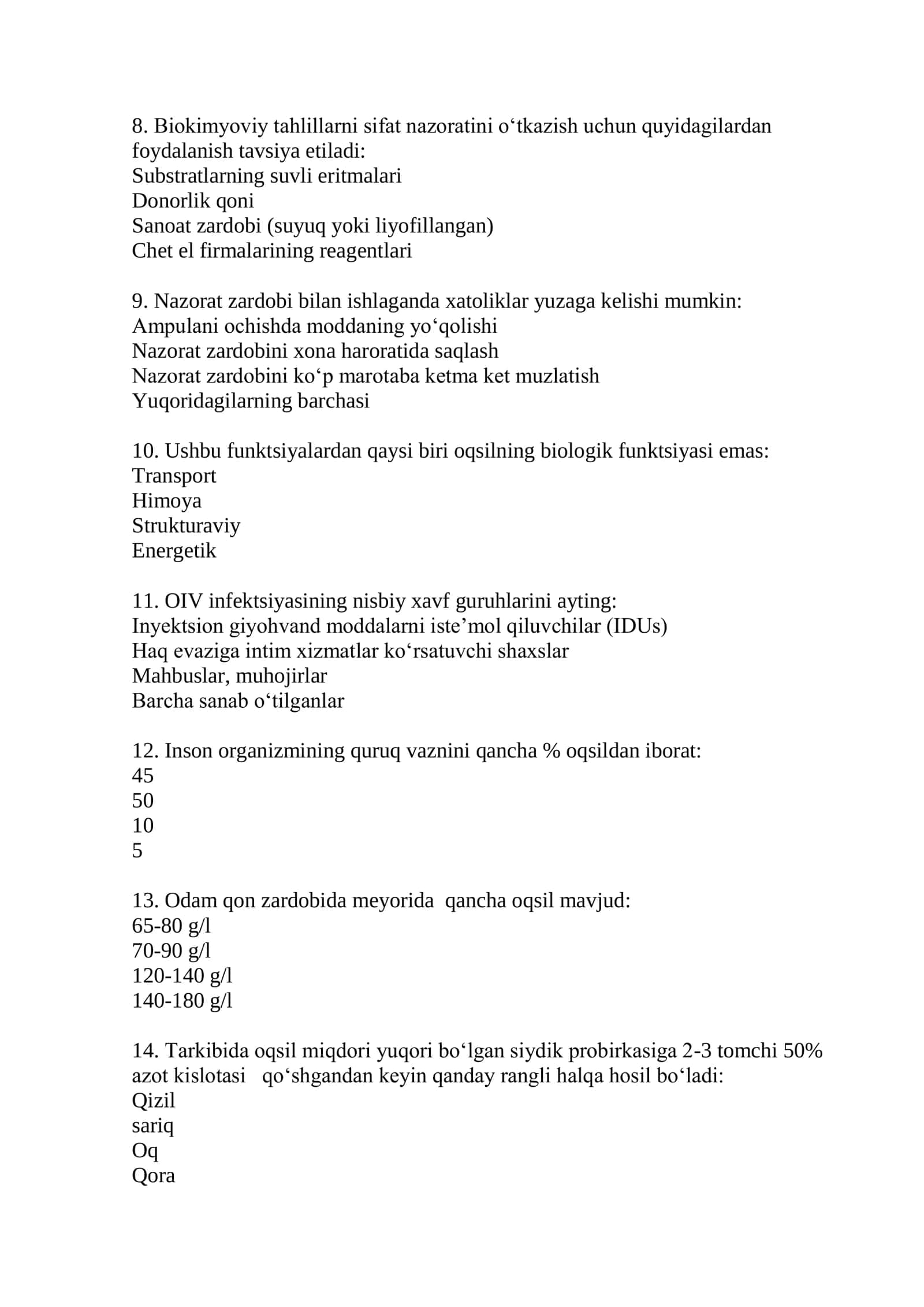 Laboratoriya ishi mutaxassisligi boʻyicha shakllantirilgan test savollari roʻyxati 2026 2
