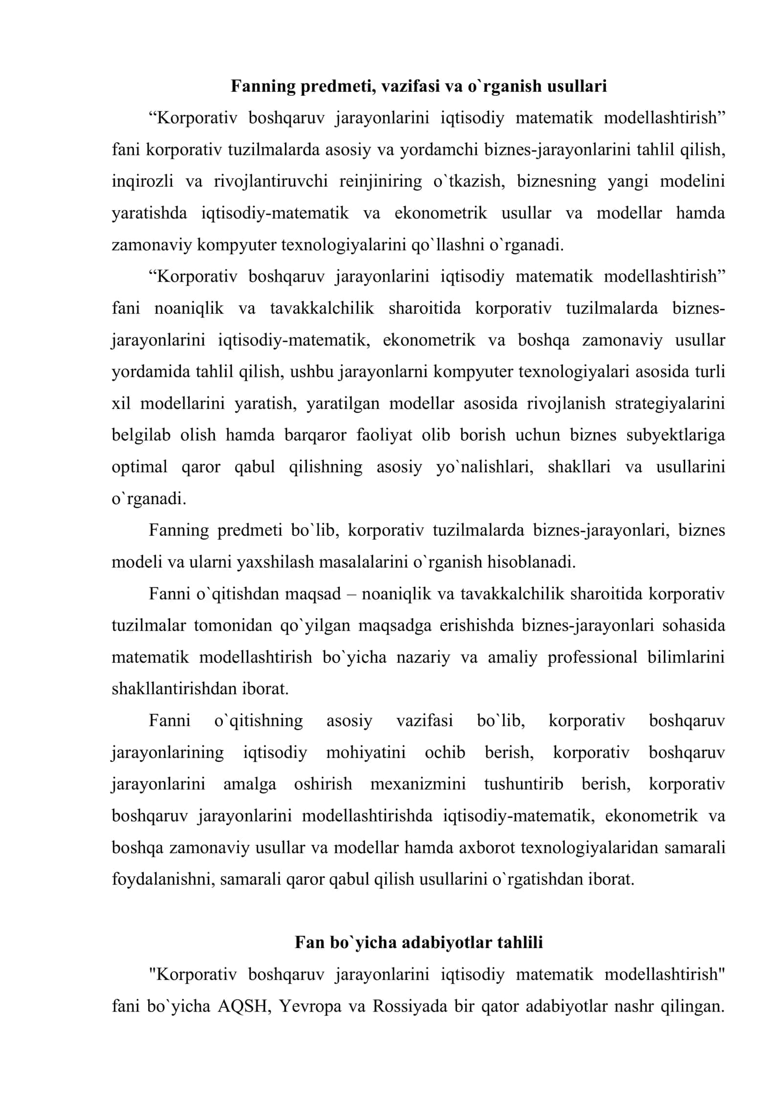 Korporativ boshqaruv jarayonlarini iqtisodiy matematik modellashtirish 2