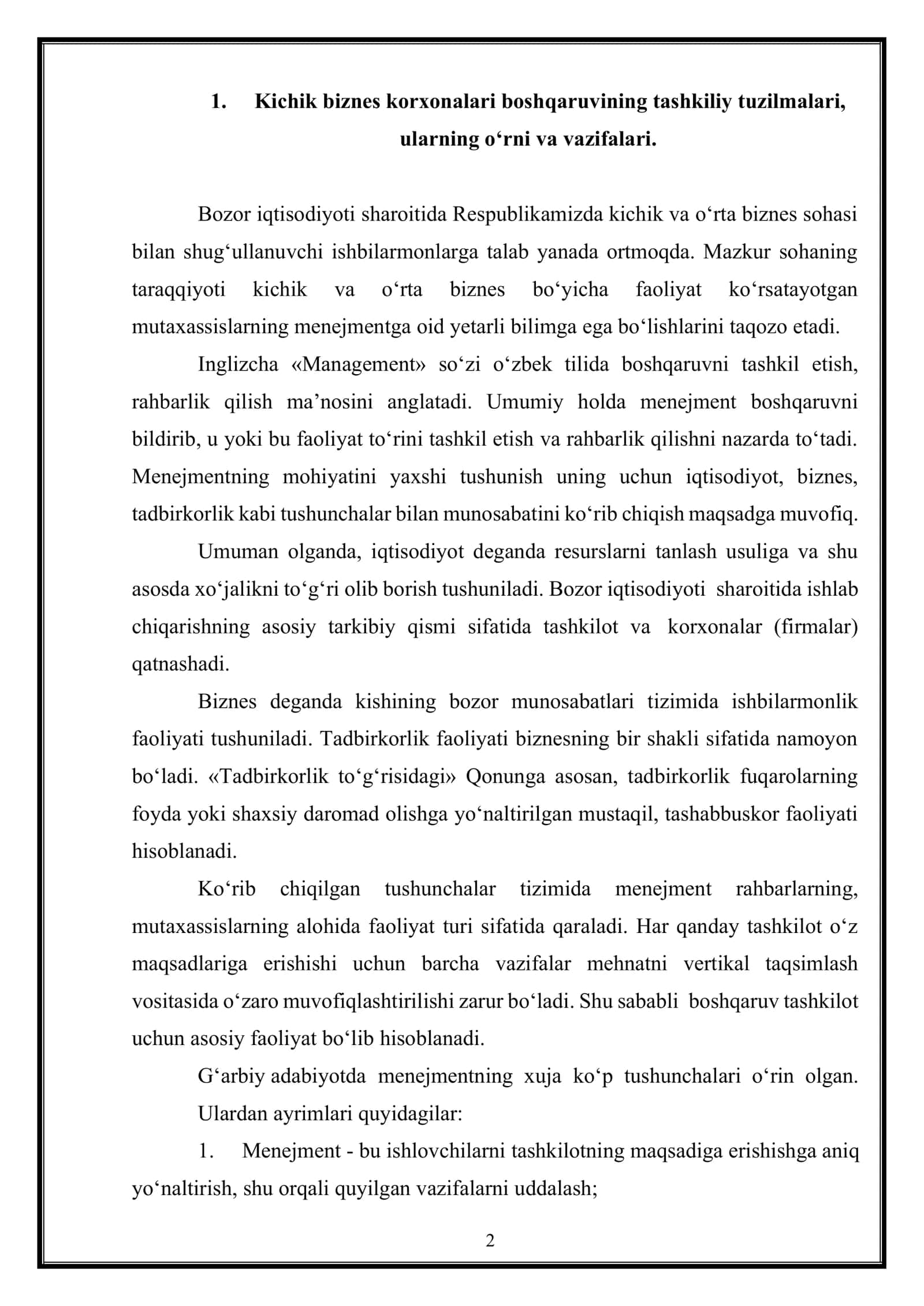 Tadbirkorlik va biznes tuzilmalarida boshqaruv xususiyatlari 2