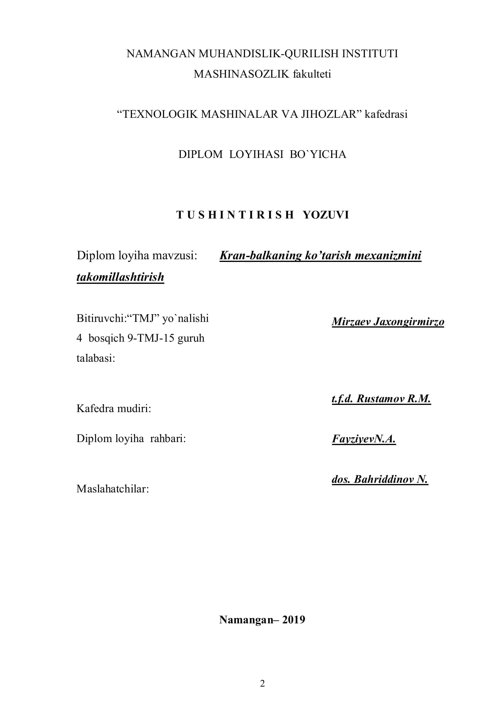 Kran-balkaning ko’tarish mexanizmini takomillashtirish 2