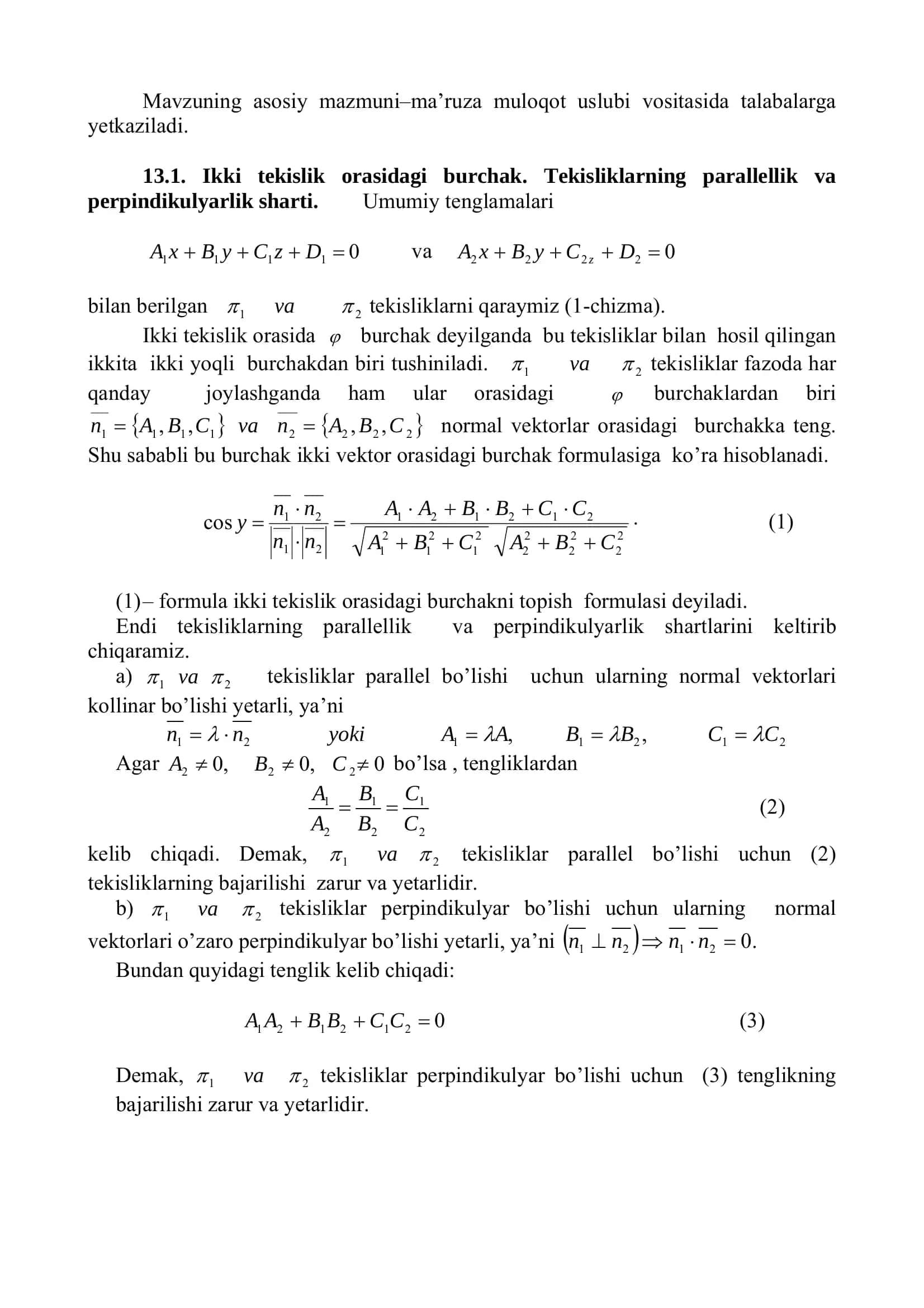 Oliy matematika: tekisliklar orasidagi burchak, paralellik va perpendikulyarlik (PDF) 2