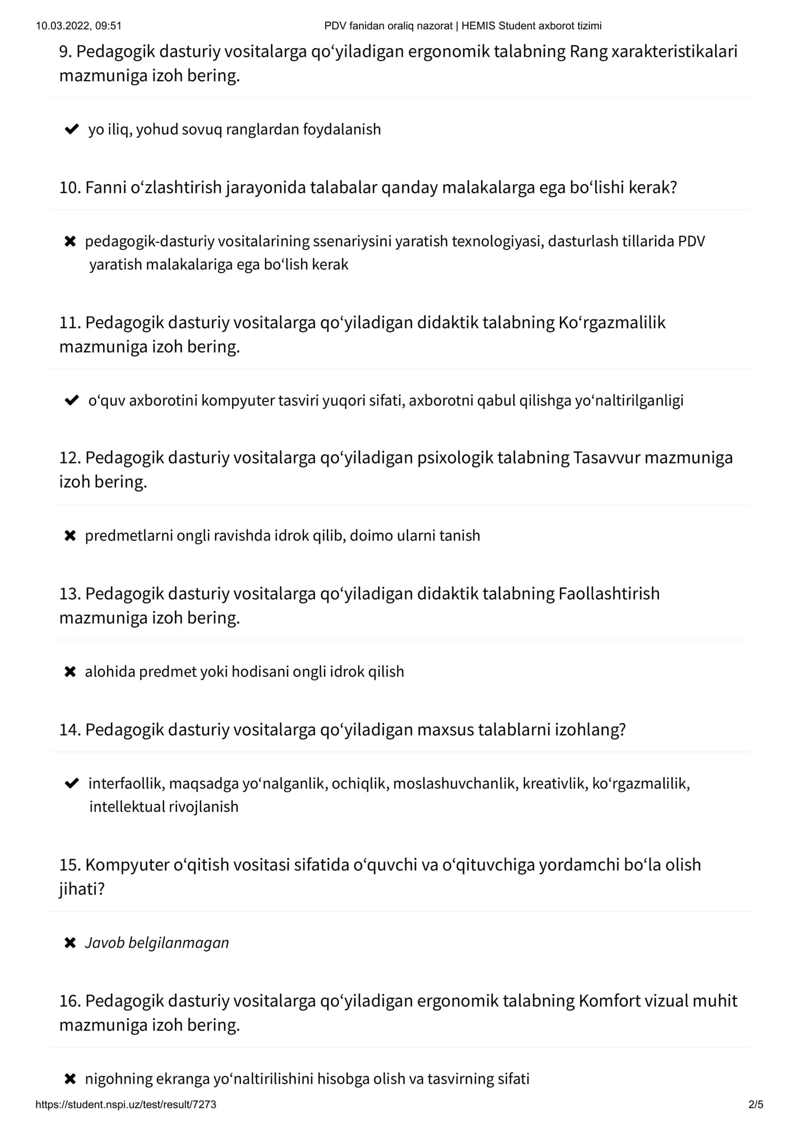 PDV fanidan oraliq nazorat | HEMIS Student axborot tizimi 2