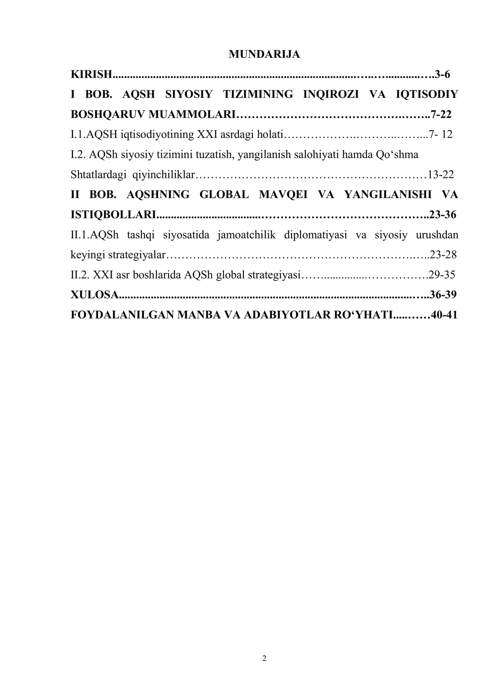 XXI asrning AQSHning global tashqi siyosati mavzusidagi kurs ishi 2