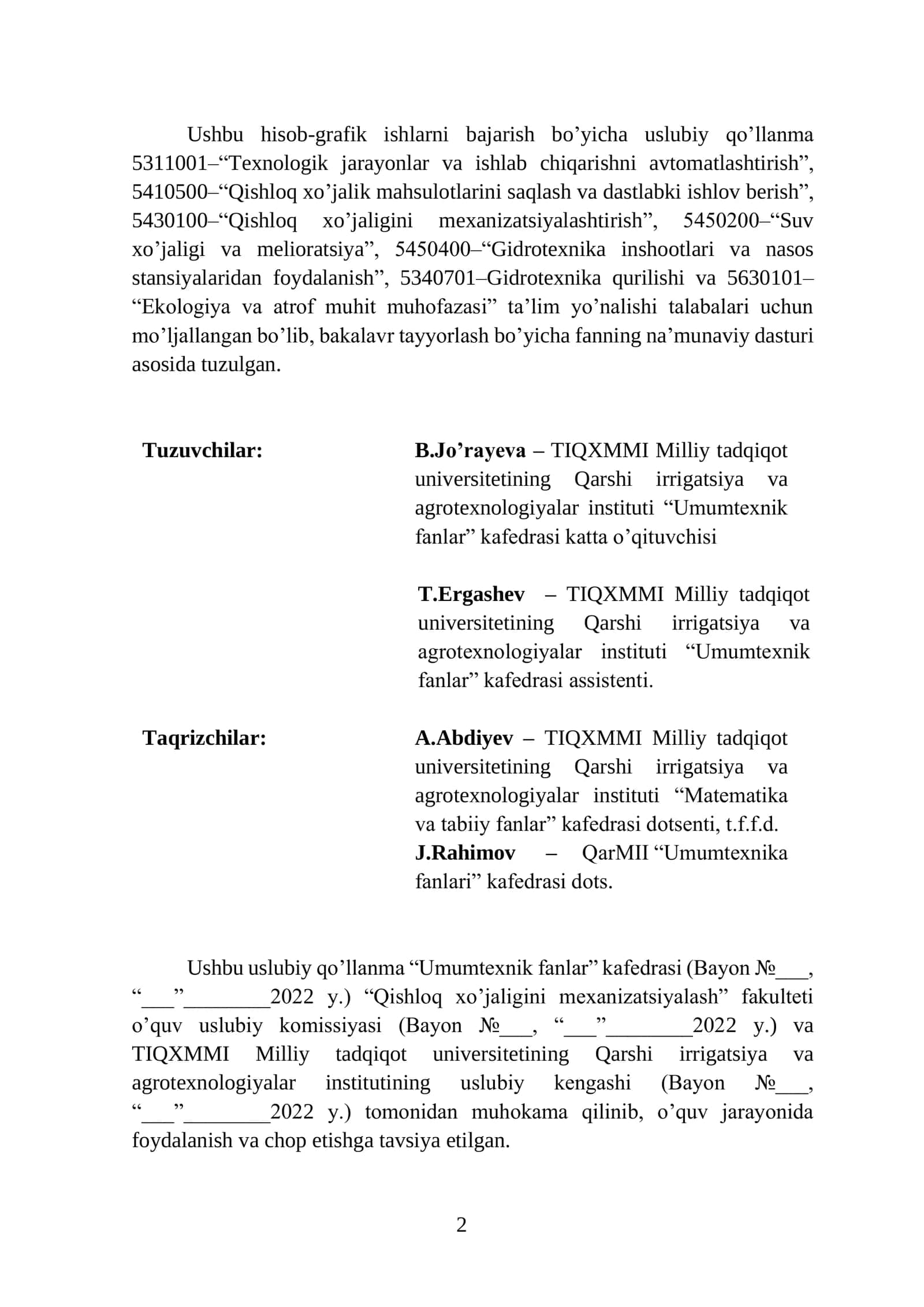 «MUHANDISLIK VA KOMPYUER GRAFIKASI» fanidan hisob-grafik ishlarni bajarish bo’yicha uslubiy qo’llanma 2