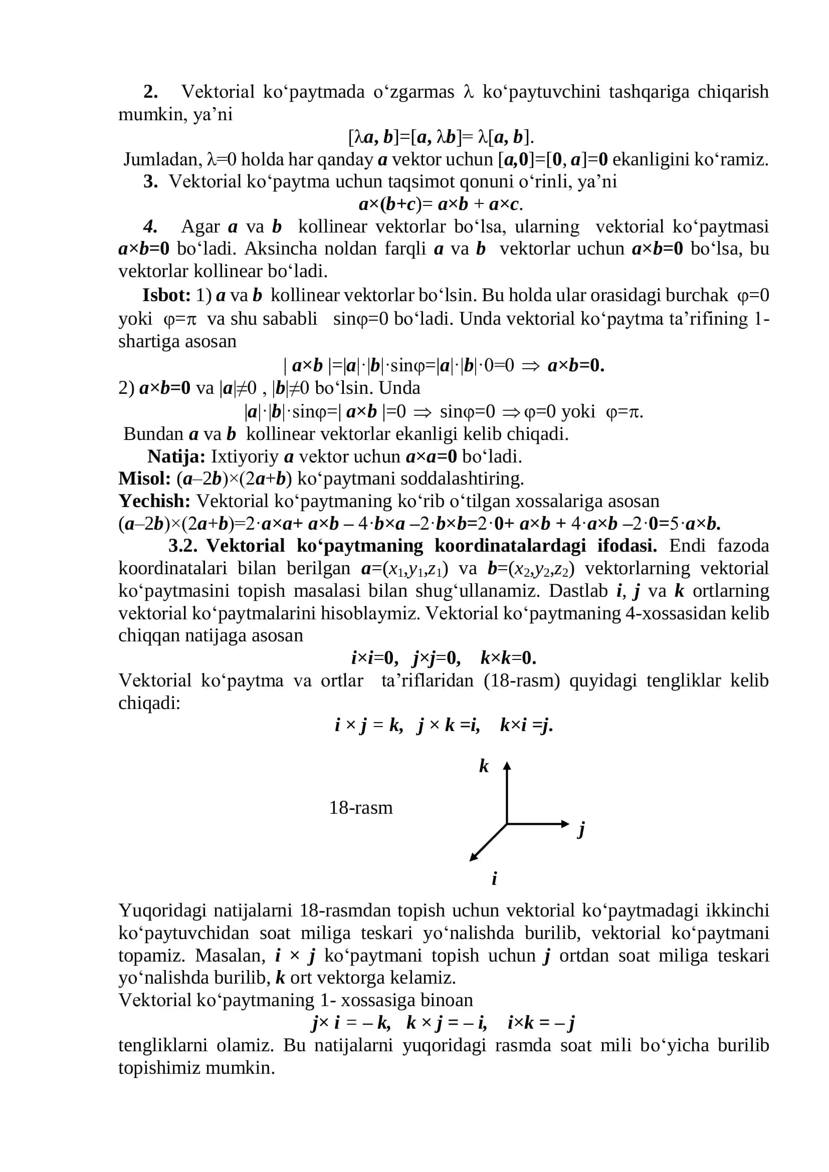 Vektorial ko‘paytma, uning xossalari va tatbiqlari 2