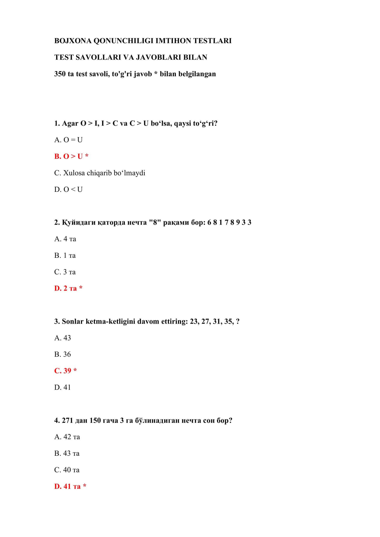 BOJXONA QONUNCHILIGI IMTIHON TESTLARI 2