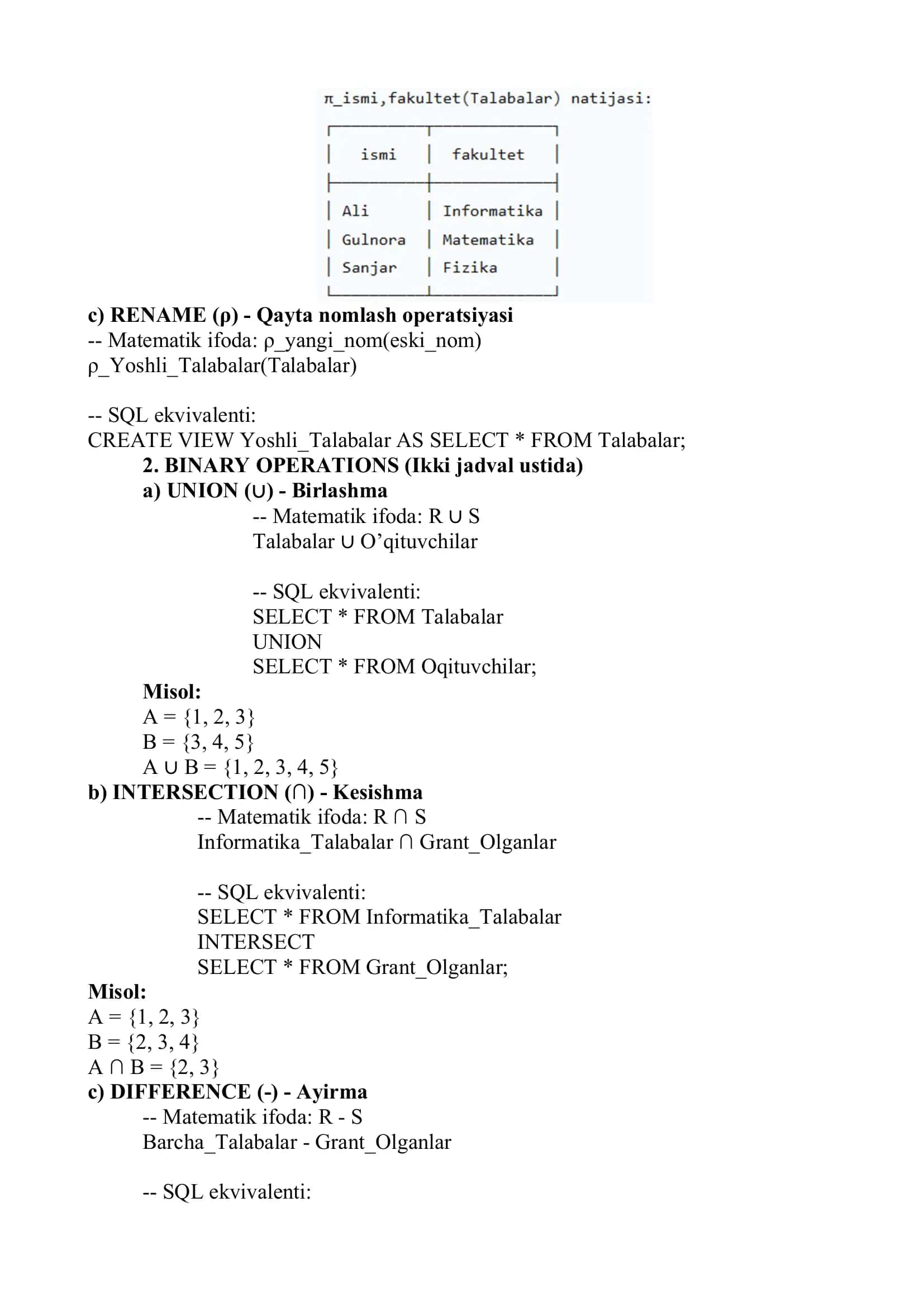 Relyatsion algebra va relyatsion hisoblash elementlari 2