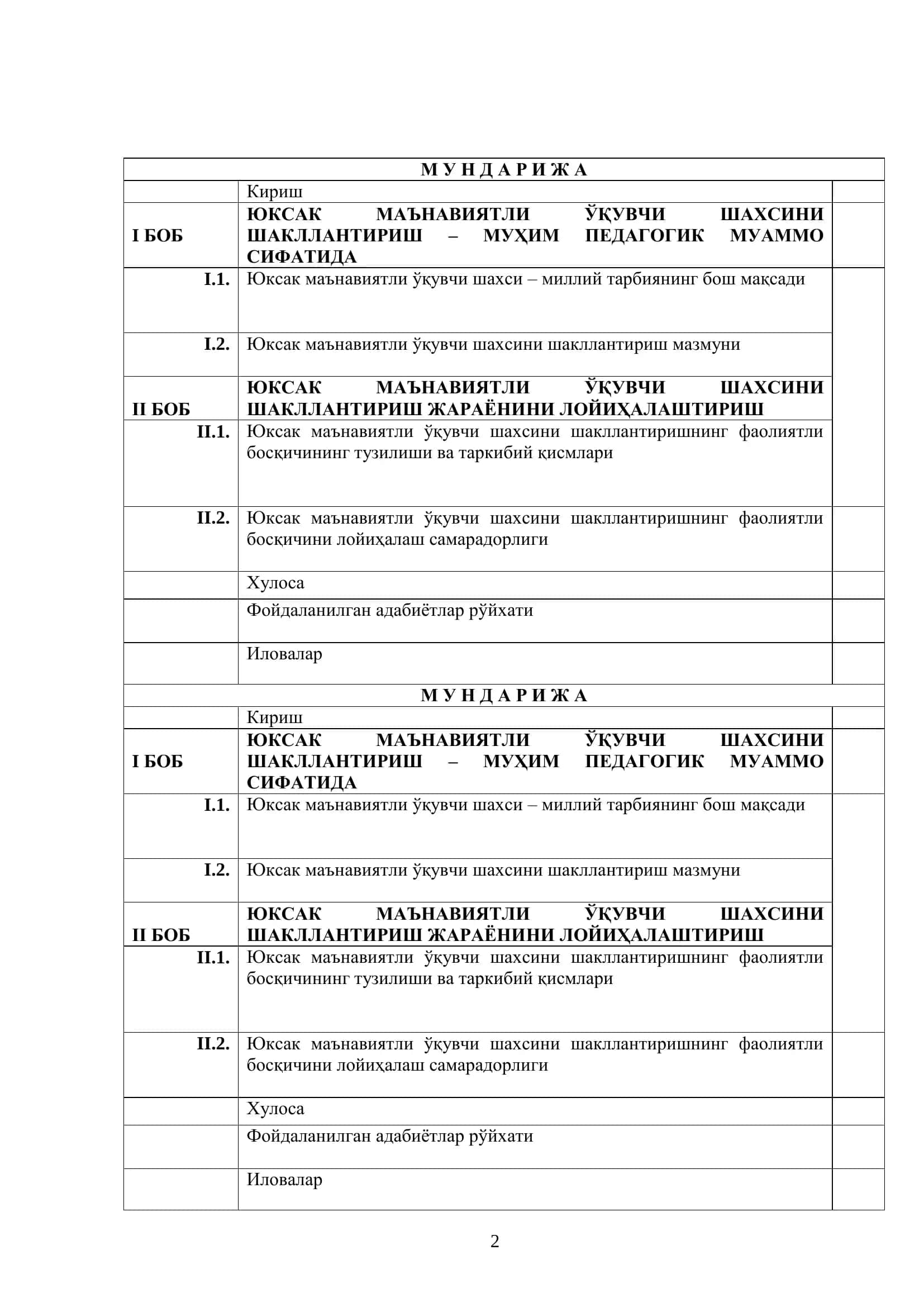 "Юксак маънавиятли ўқувчи шахсини шакллантиришнинг фаолиятли босқичини лойиҳалаш" 2