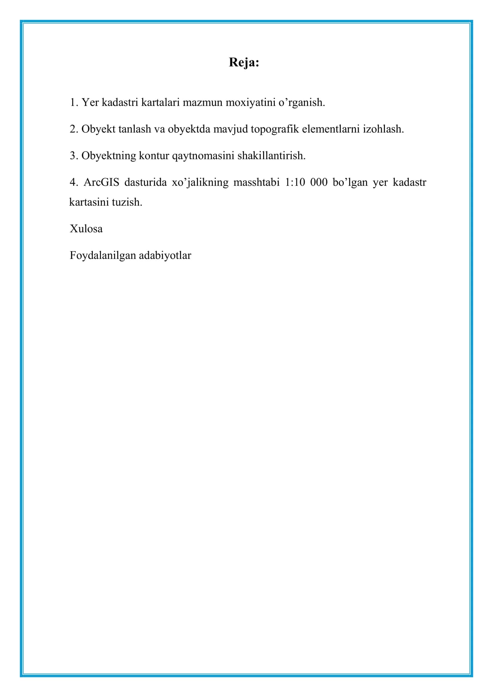 Alohida xo‘jaliklar misolida yer kadastr plan va kartalarini tuzish. 2