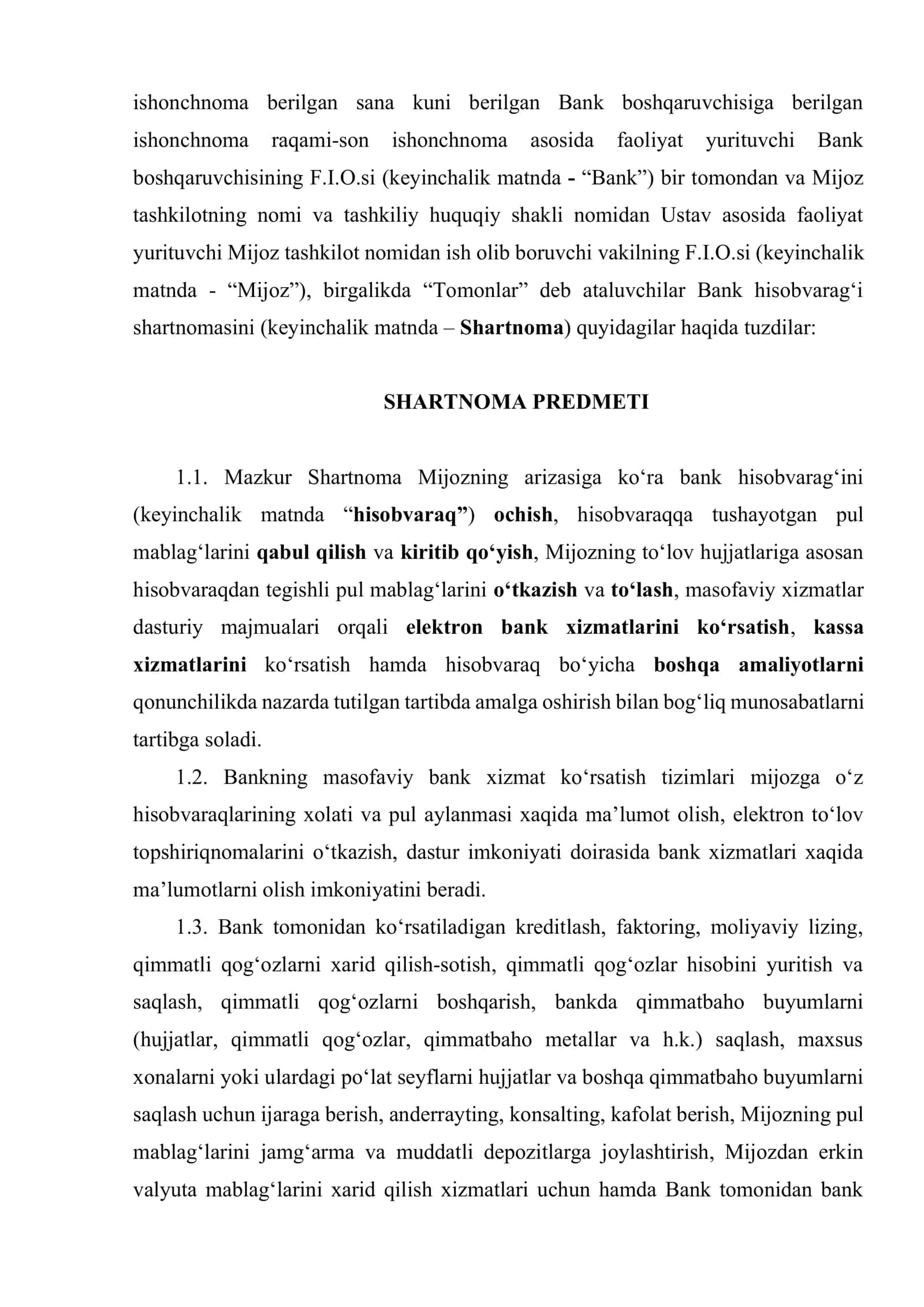 Bank hisobvaraqlarini yuritish bo‘yicha shartnoma va uning mazmuni 2