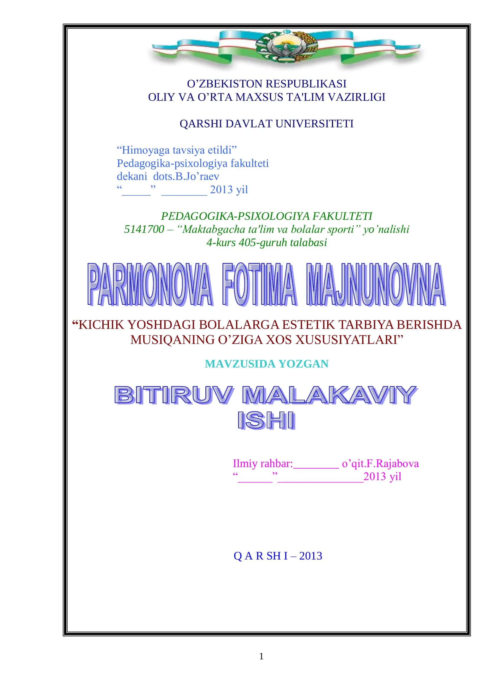 5141700 – “Maktabgacha ta'lim va bolalar sporti” yo‟nalishi 2