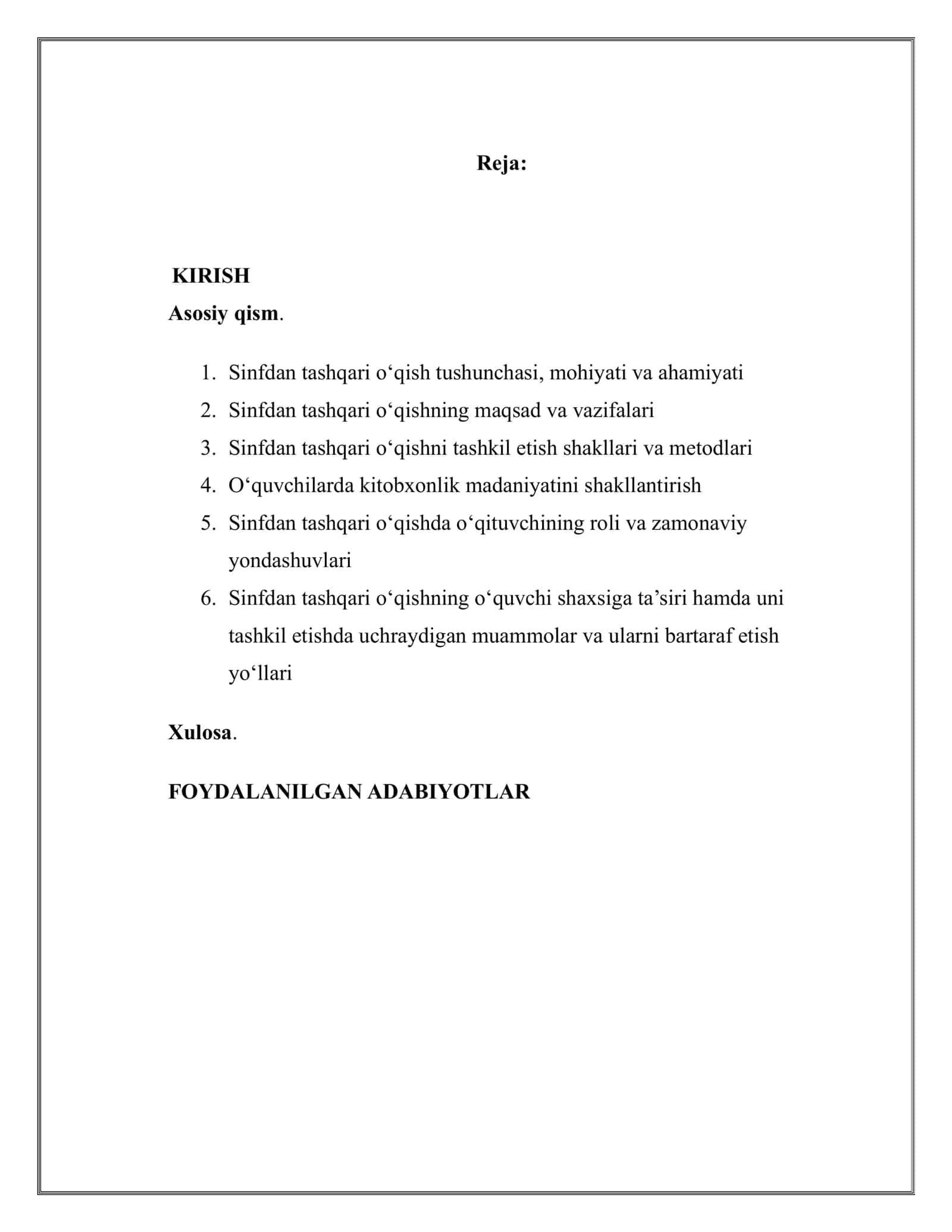 Sinfdan tashqari o’qish va uni tashkil etish 2