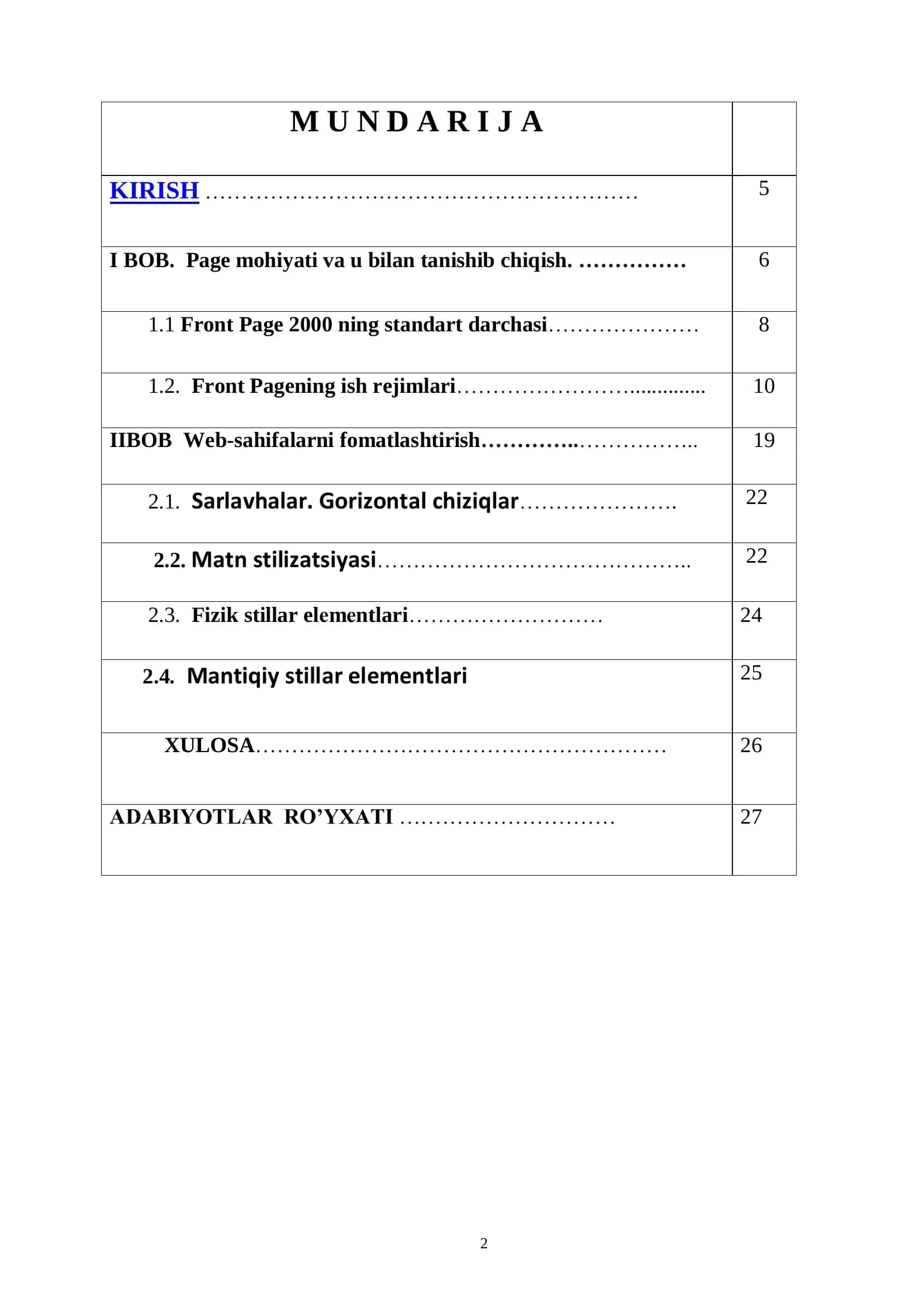 FrontPage dasturida jadval, sahifani sozlash, matnni formatlash imkoniyatlari 2
