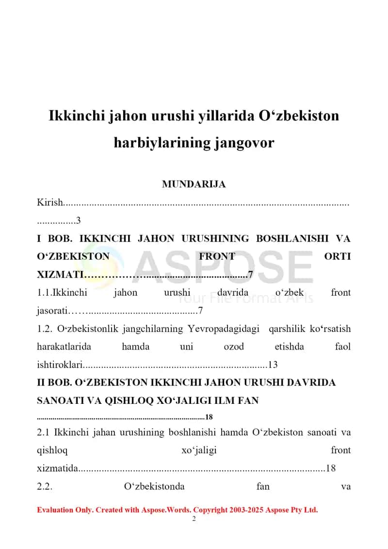 Ikkinchi jahon urushining boshlanishi va Oʻzbekiston front orti xizmati (kurs ishi) 2