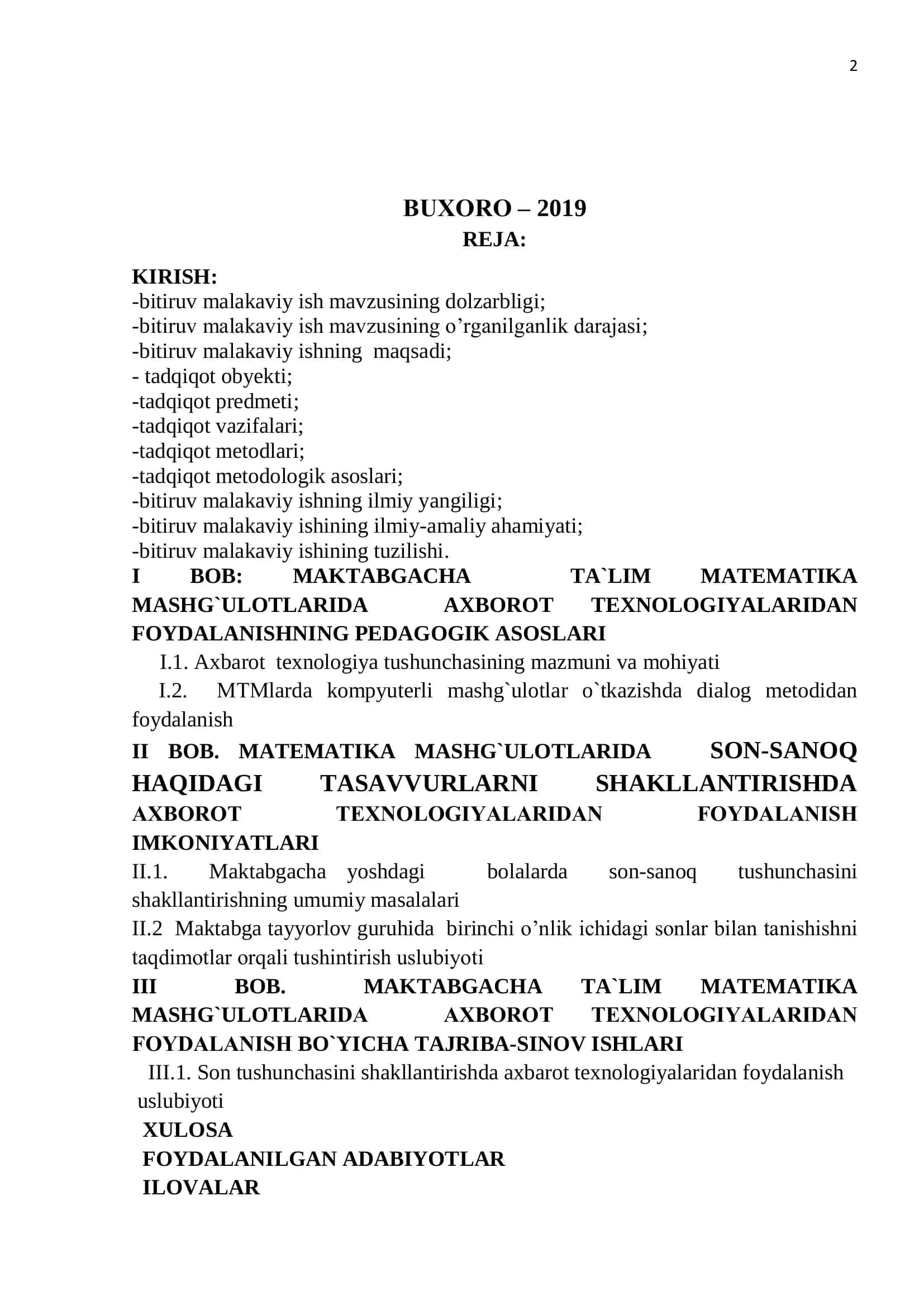 Maktabgacha ta’lim yo’nalishi bakalavr darajasi uchun yozilgan bitiruv malakaviy ishi 2