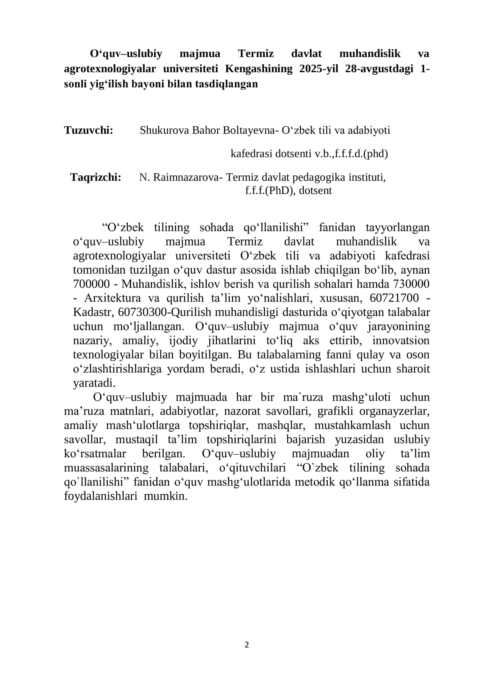 O'zbek tilining sohada qo'llanilishi O'quv–uslubiy majmua 2