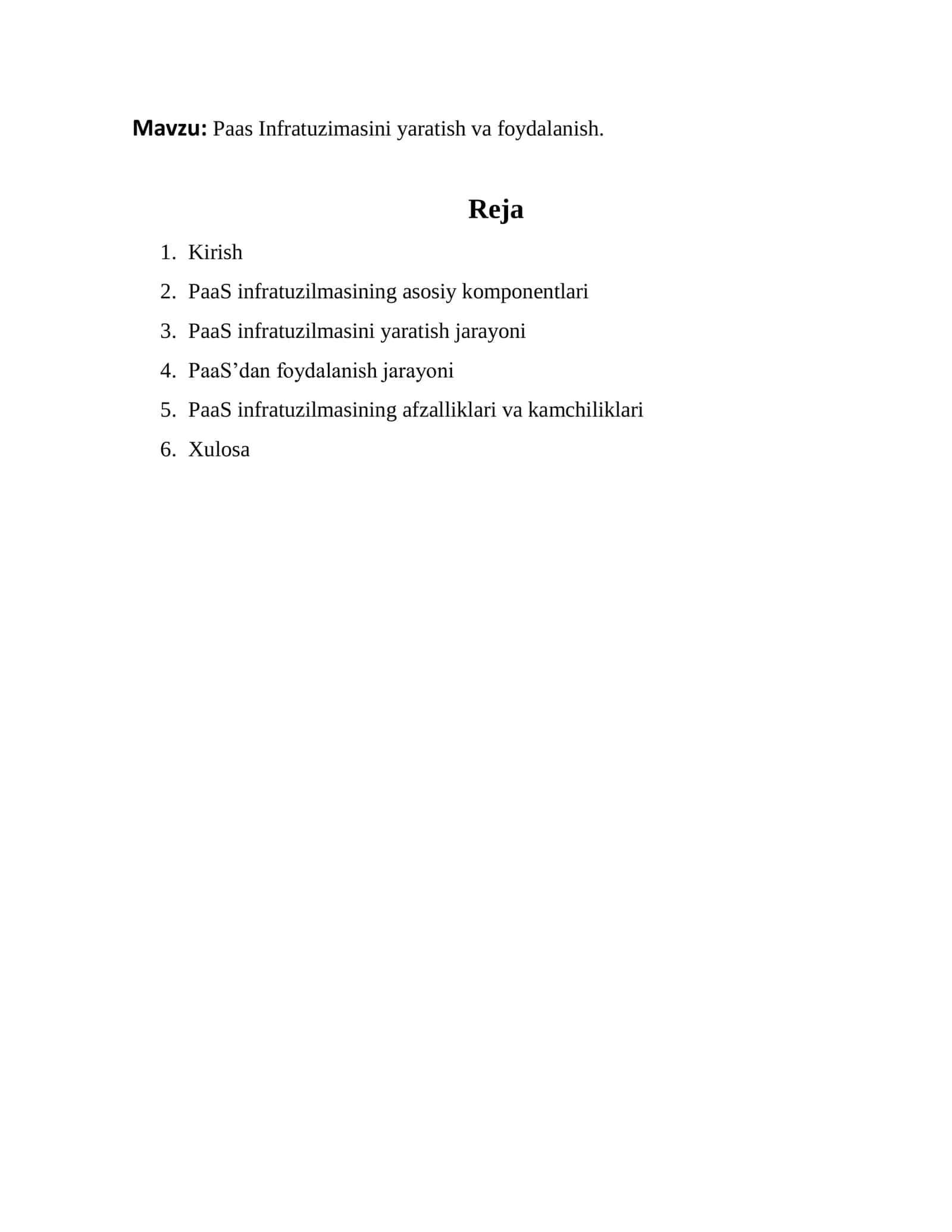 Mavzu: Paas Infratuzimasini yaratish va foydalanish. 2
