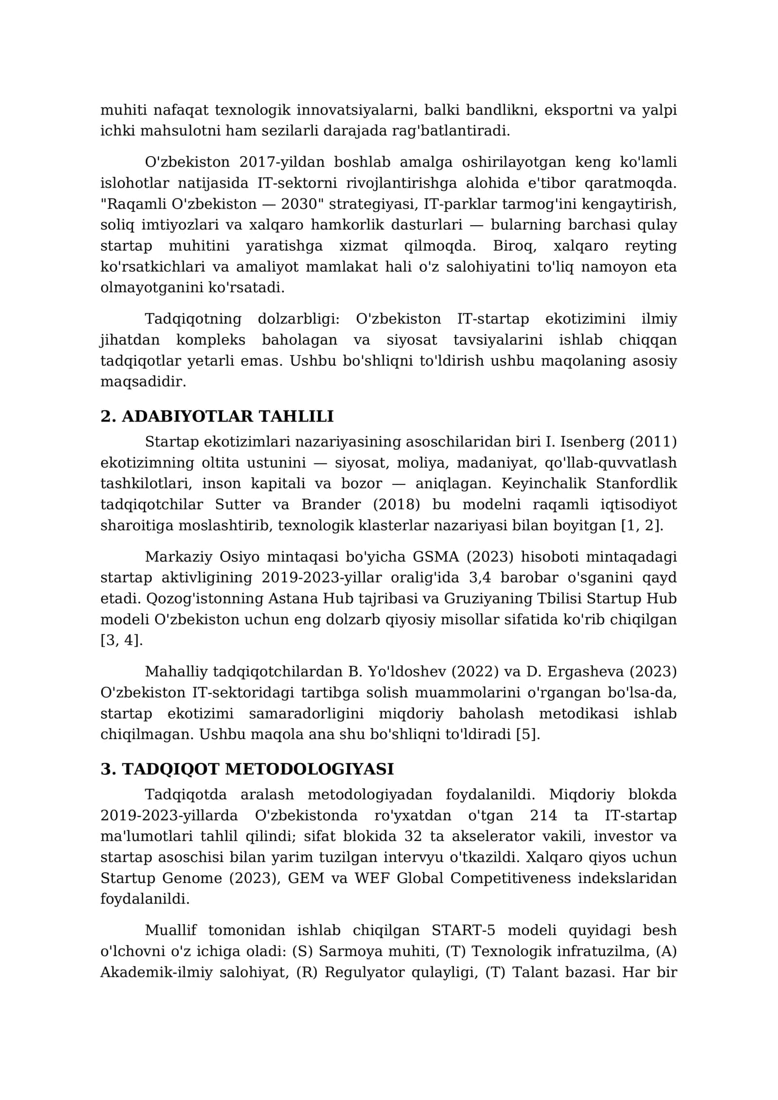 O'zbekistonda IT-Startaplar Ekotizimini Rivojlantirishning Asosiy Omillari va Istiqbollari: Holat Tahlili va Siyosat Tavsiyalari 2