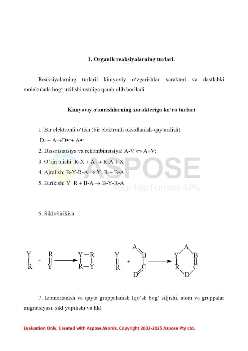 3. Organik reaksiyalarning turlari. Organik moddalarda elektronodonor va elektronoakseptor o'rinbosarlarni aniqlash 2. Referat 17 bet 2