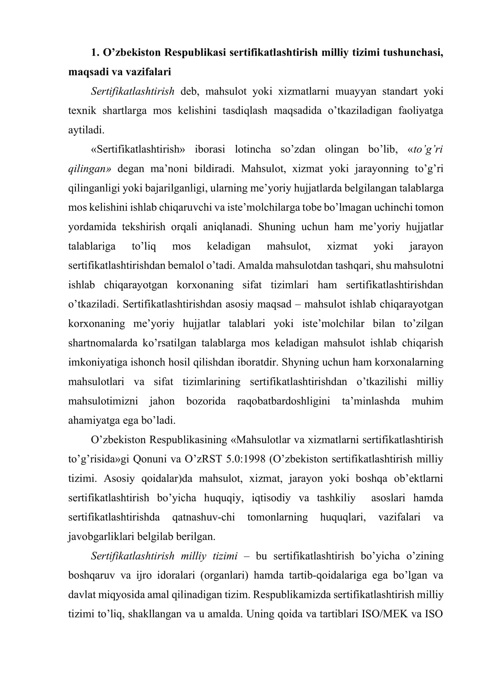 O’zbekiston Respublikasi sertifikatlashtirish milliy tizimi, milliy idoralar va ularning vazifalari 2