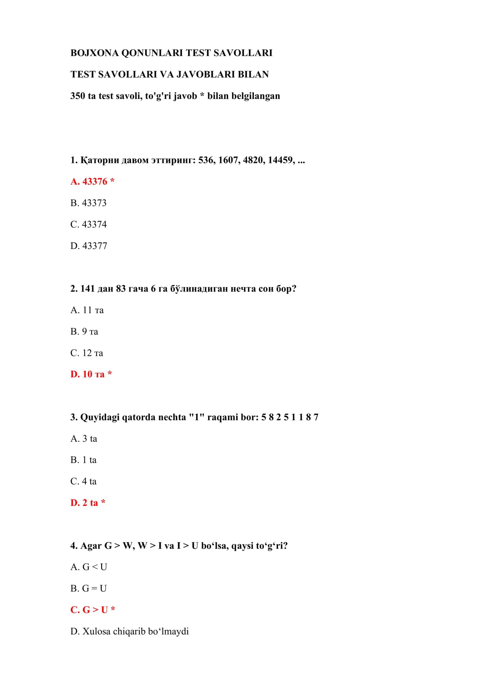 BOJXONA QONUNLARI TEST SAVOLLARI 2