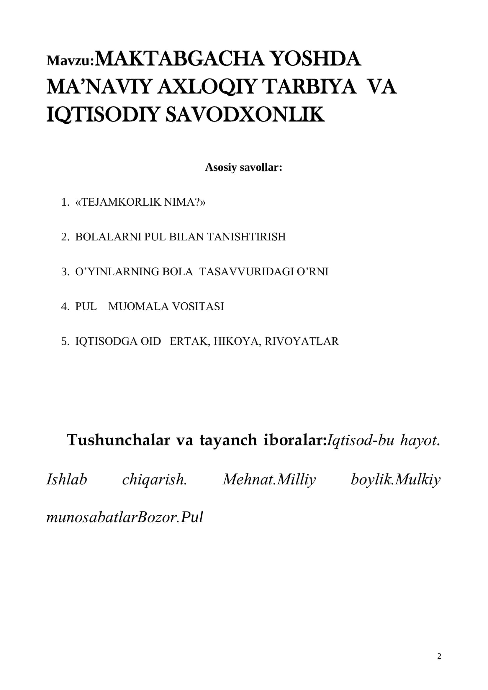 MAKTABGACHA YOSHDA MA’NAVIY AXLOQIY TARBIYA VA IQTISODIY SAVODXONLIK 2