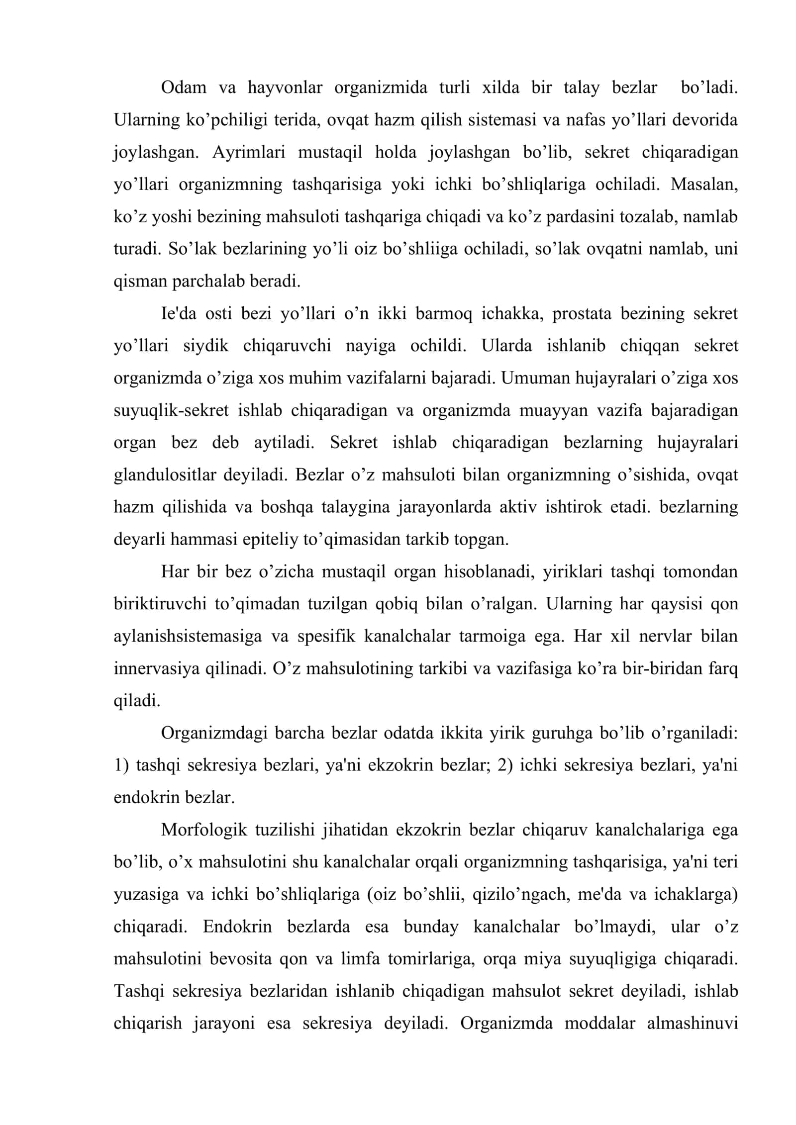 Bezlar to’risida tushuncha. Tashqi va ichki sekresiya bezlari 2