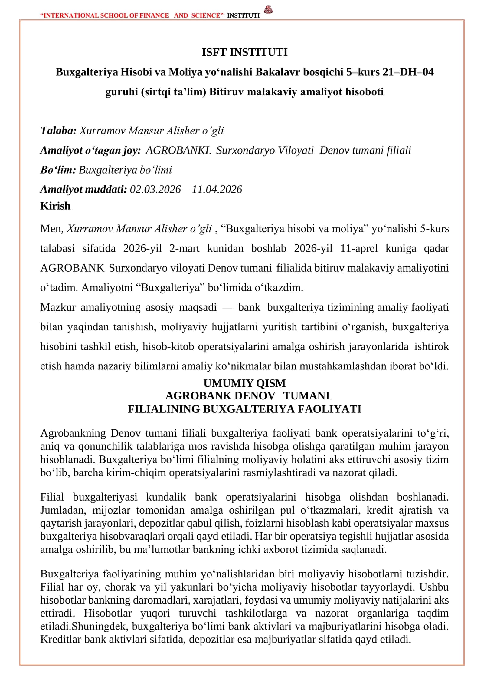Agrobank Bitiruv malakaviy amaliyot hisoboti Agrobank 2