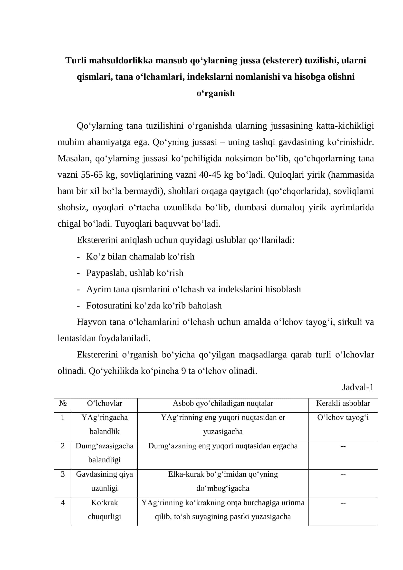 Turli mahsuldorlikka mansub qo‘ylarning jussa (eksterer) tuzilishi 2