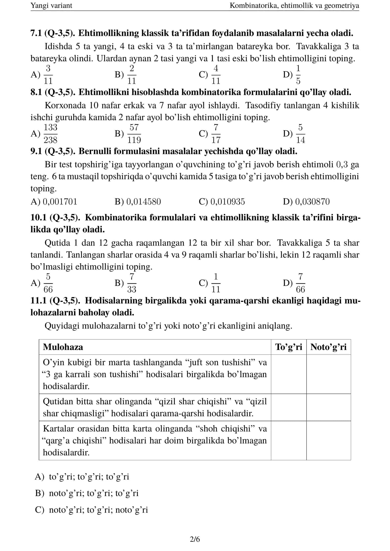 Kombinatorika, ehtimollik va geometriya 2