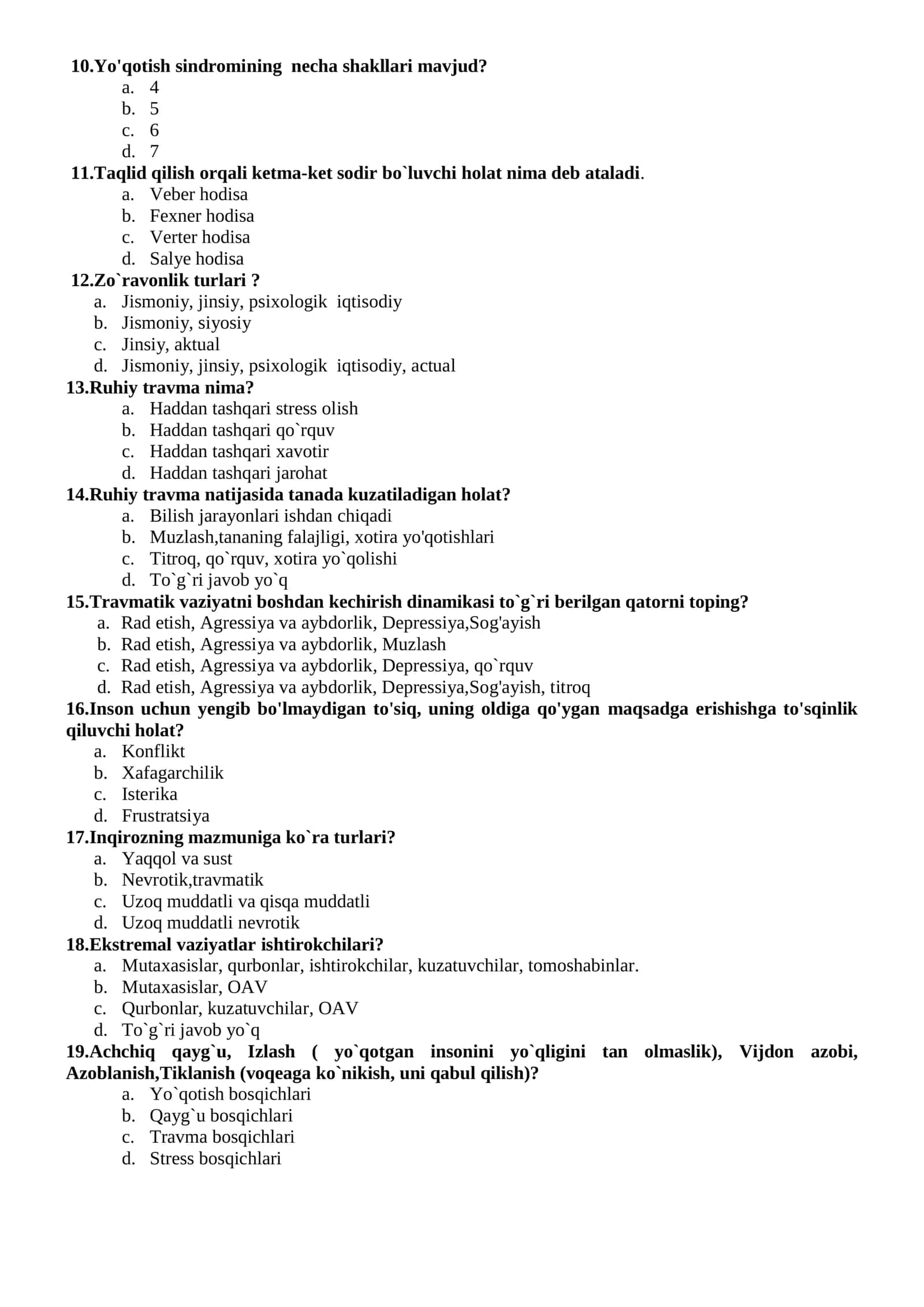 Ekstremal vaziyatlarda psixologik xizmat fanidan nazorat ishi 2
