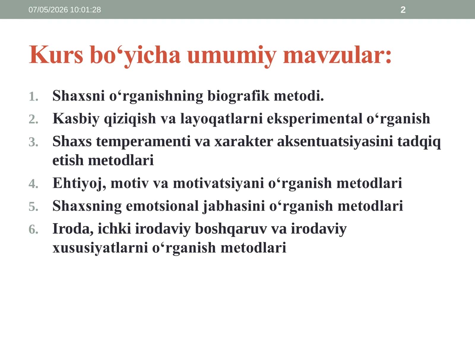 Shaxsni o‘rganishning biografik metodi. Shaxsni (yo‘nalganligini) baholash 2