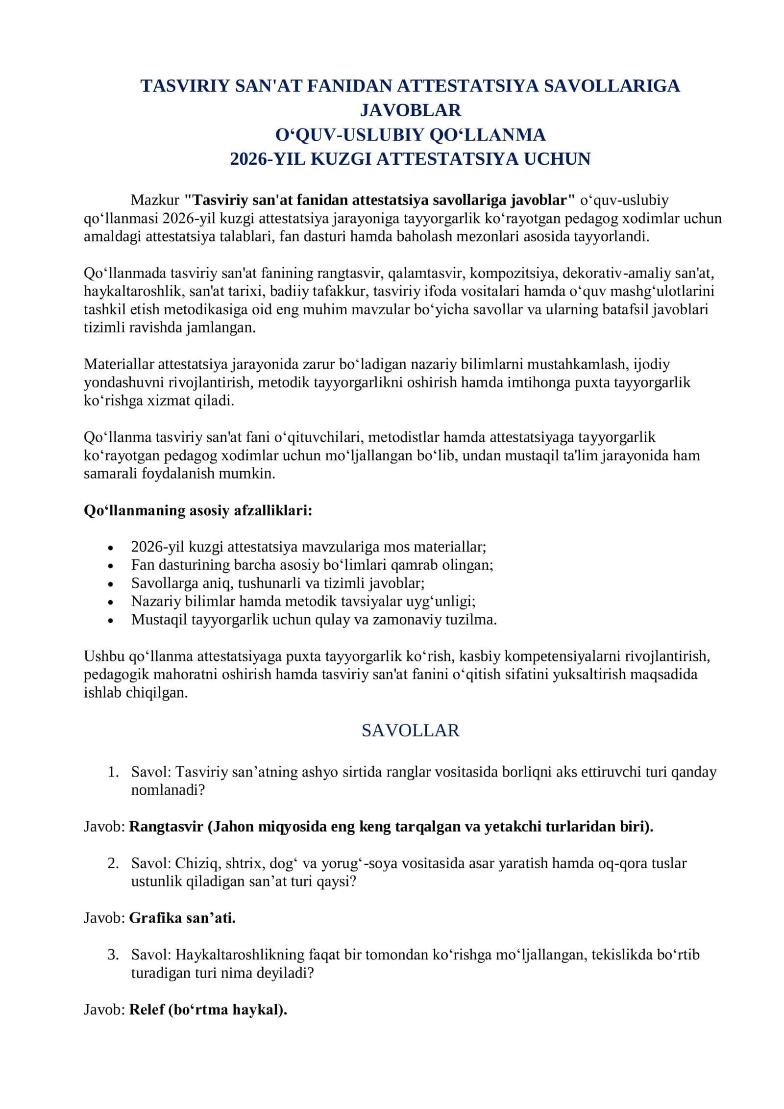 2026 YIL TASVIRIY SAN'AT FANIDAN ATTESTATSIYA SAVOLLARIGA JAVOBLAR KUZGI 2
