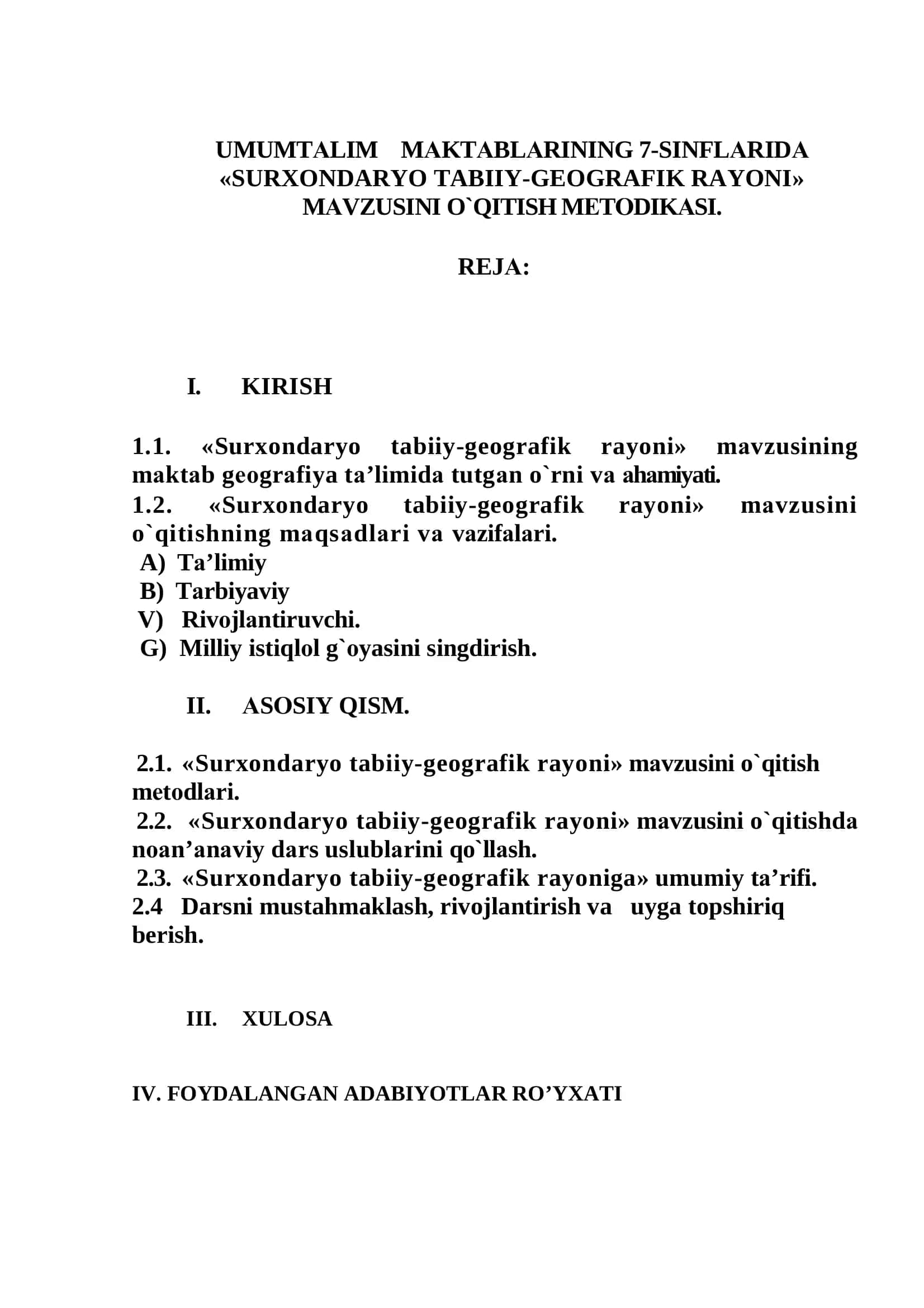 umumtа’lim mаktаblаrining 7-sinflаridа «surxondaryo tabiiy-geografik rayoni» mavzusini o`qitish mеtоdikаsi 2