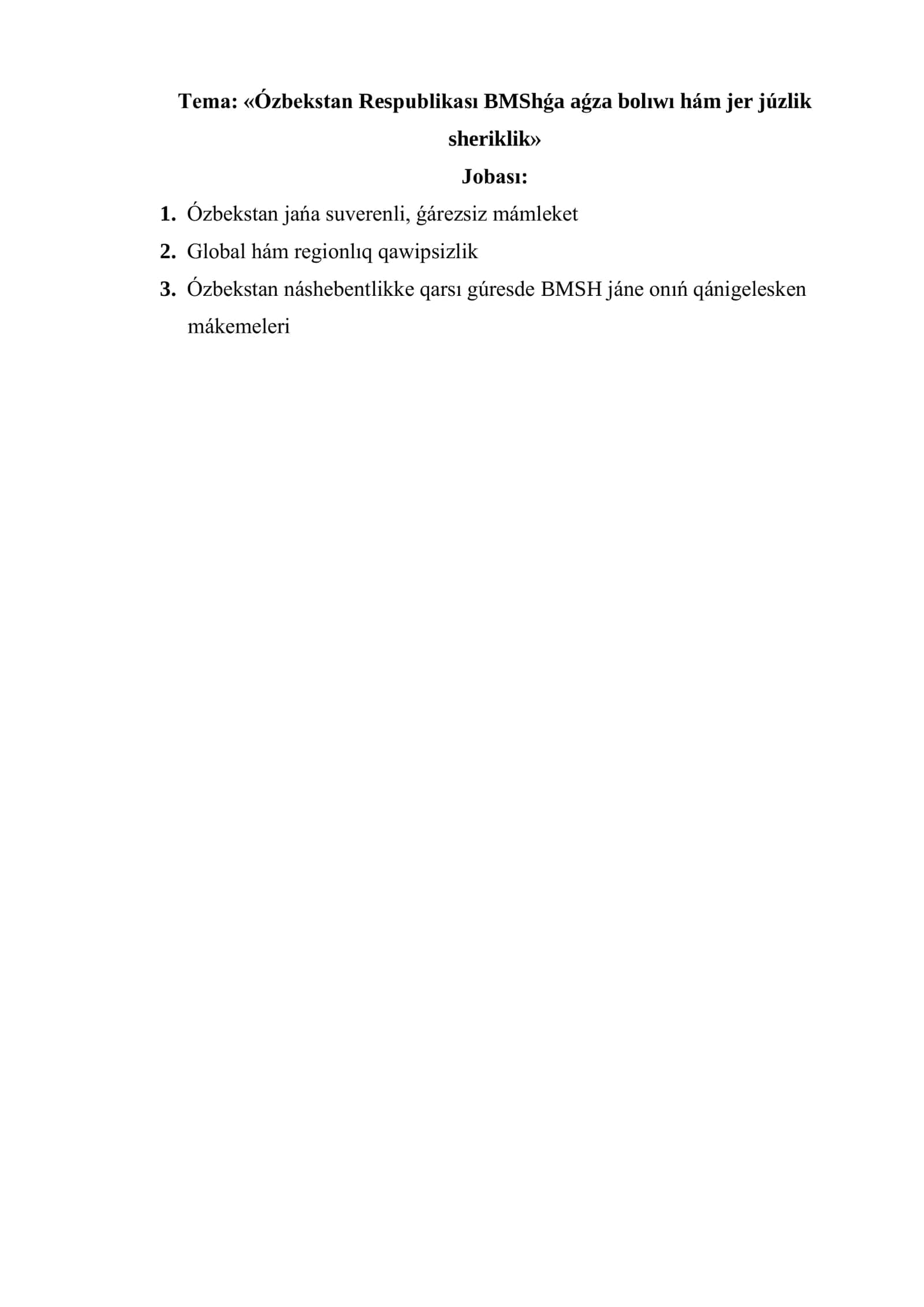 Ózbekstan Respublikası BMShǵa aǵza bolıwı hám jer júzlik sheriklik 2