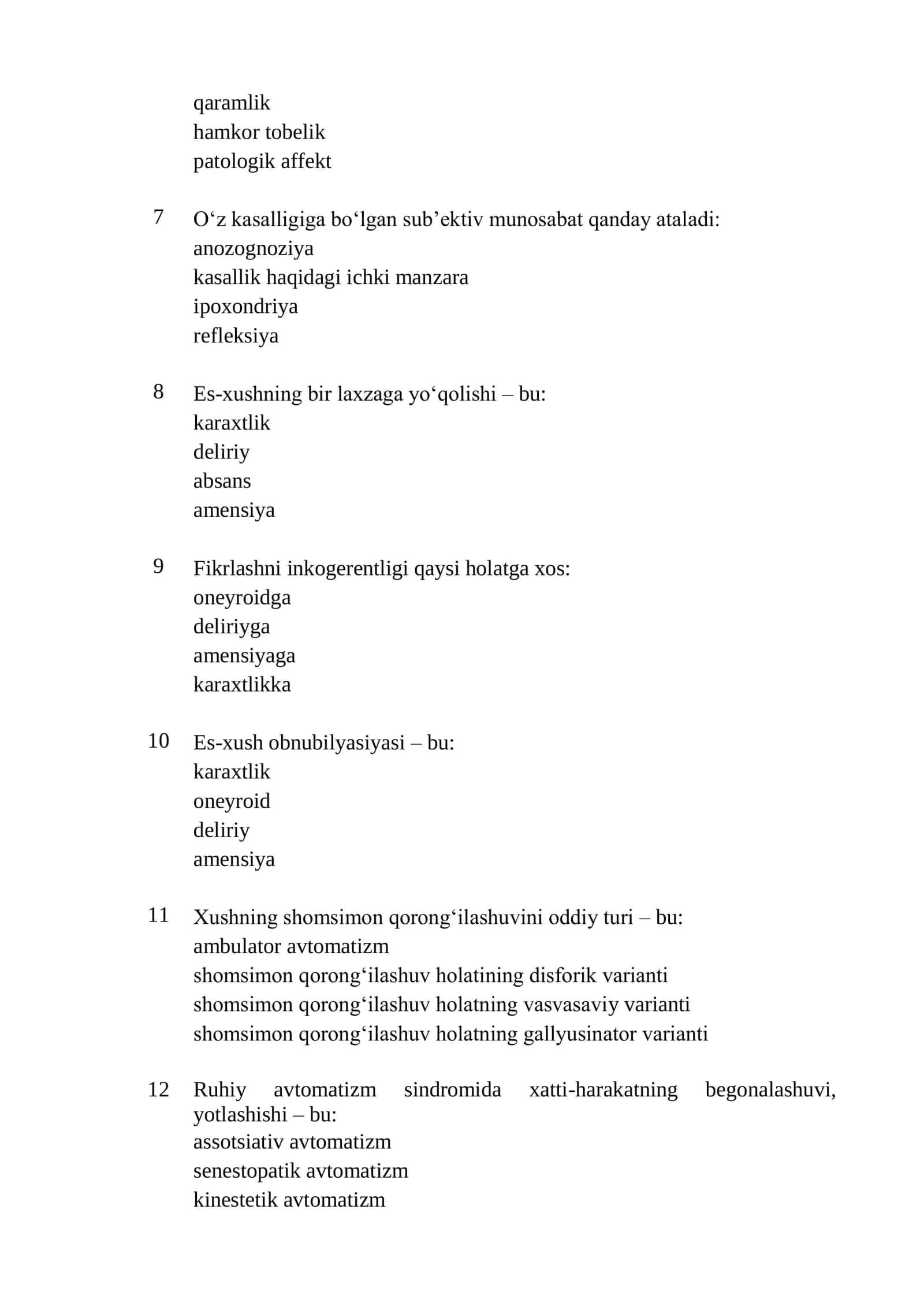 Narkologiya mutaxassisligi boʻyicha shakllantirilgan test savollari roʻyxati 2026 2