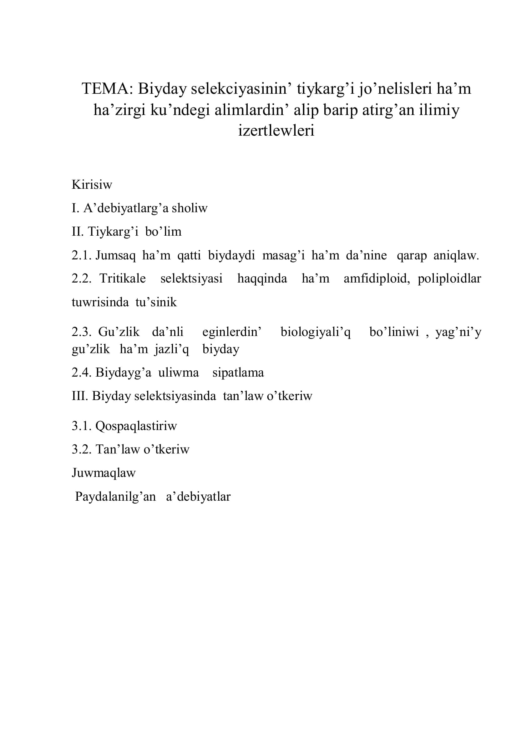 Selektsiya, tuximgershilik, o’simliklerdi qorg’aw ha’m karantini kafedrasi 2