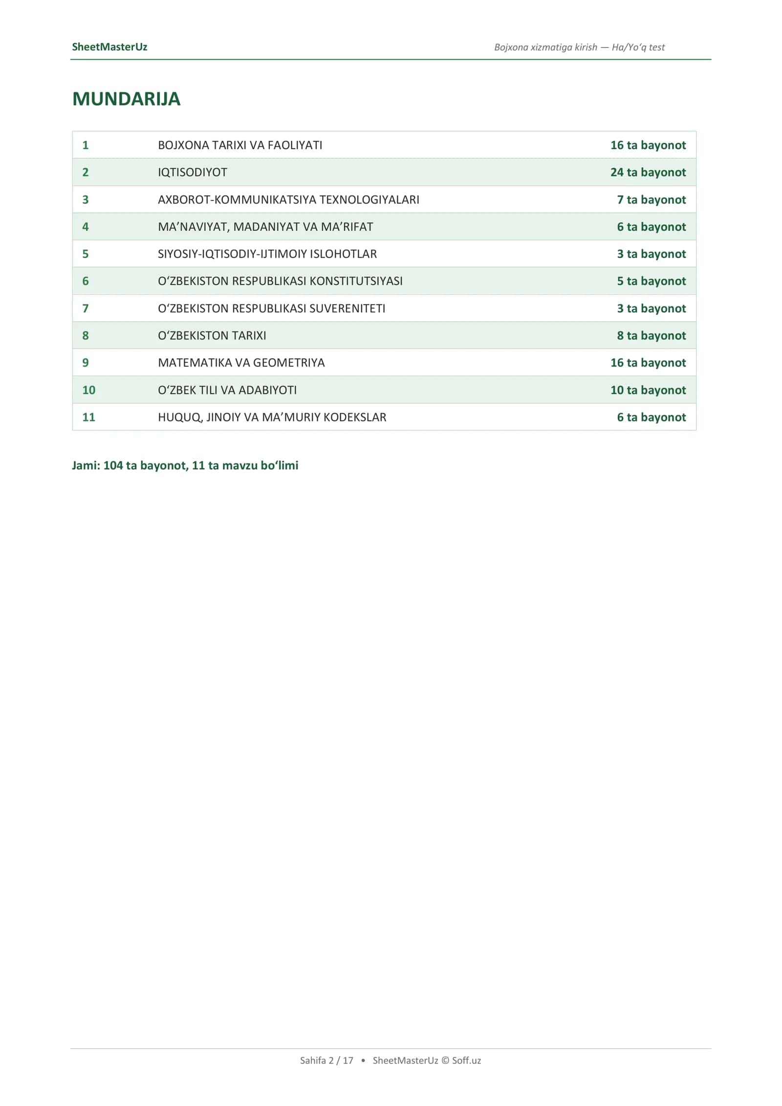 Bojxona xizmatiga kirish testi — Ha/Yo'q formatida 104 ta bayonot, javoblar kaliti bilan | SheetMasterUz 2
