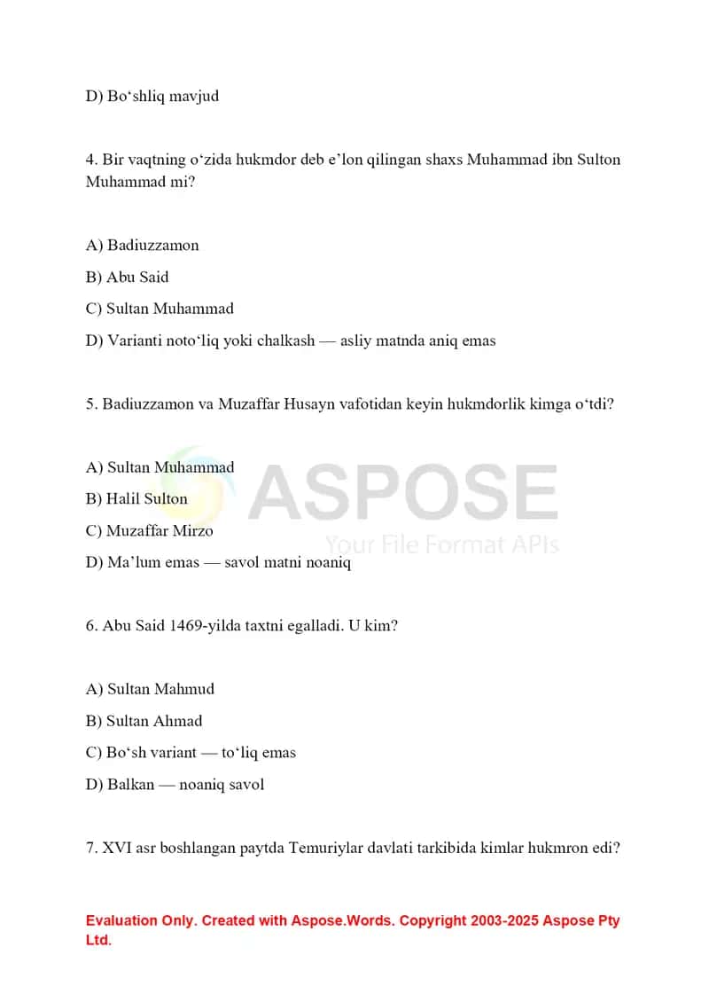 Tarixdan testlar 2