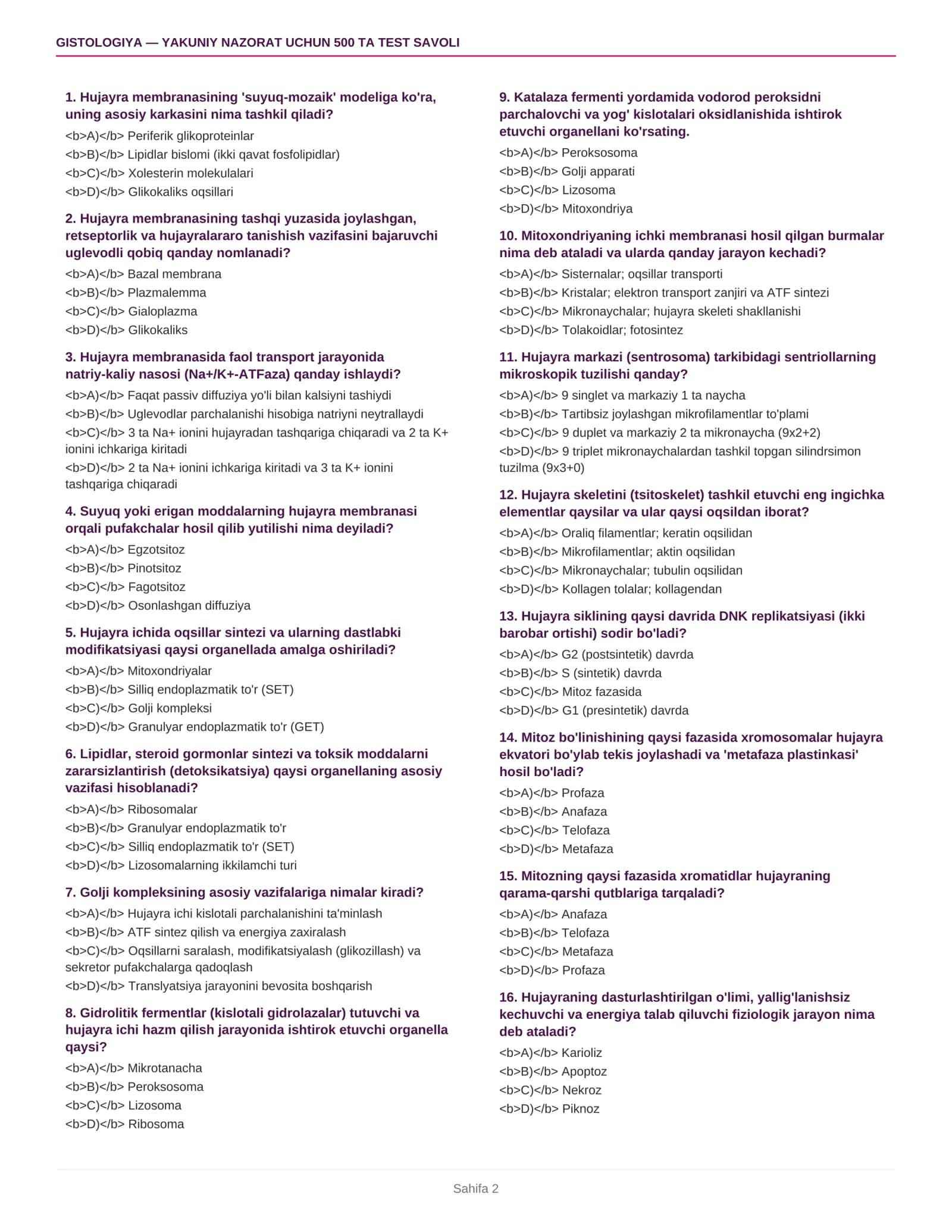 Gistologiya — yakuniy nazorat uchun 500 ta test savoli + javoblari 2