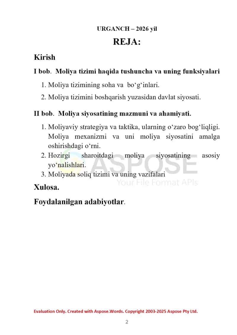 Moliya tizimi va moliyaviy siyosat 2