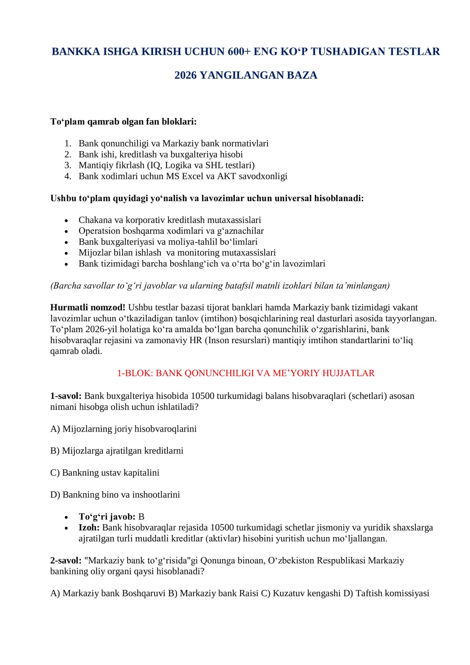 BANKKA ISHGA KIRISH UCHUN 600+ ENG KO‘P TUSHADIGAN TESTLAR 2026 YIL 2