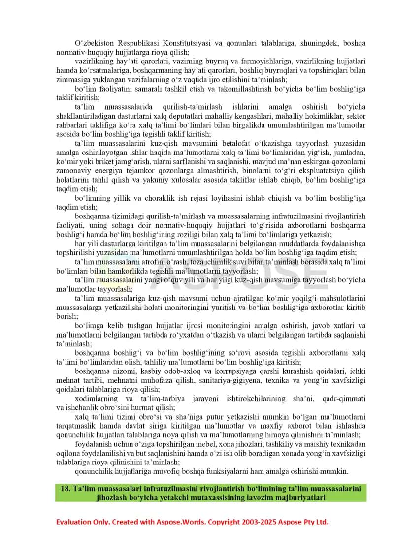 Ta’lim muassasalari infratuzilmasini rivojlantirish bo‘limi lavozim majburiyatlari 2