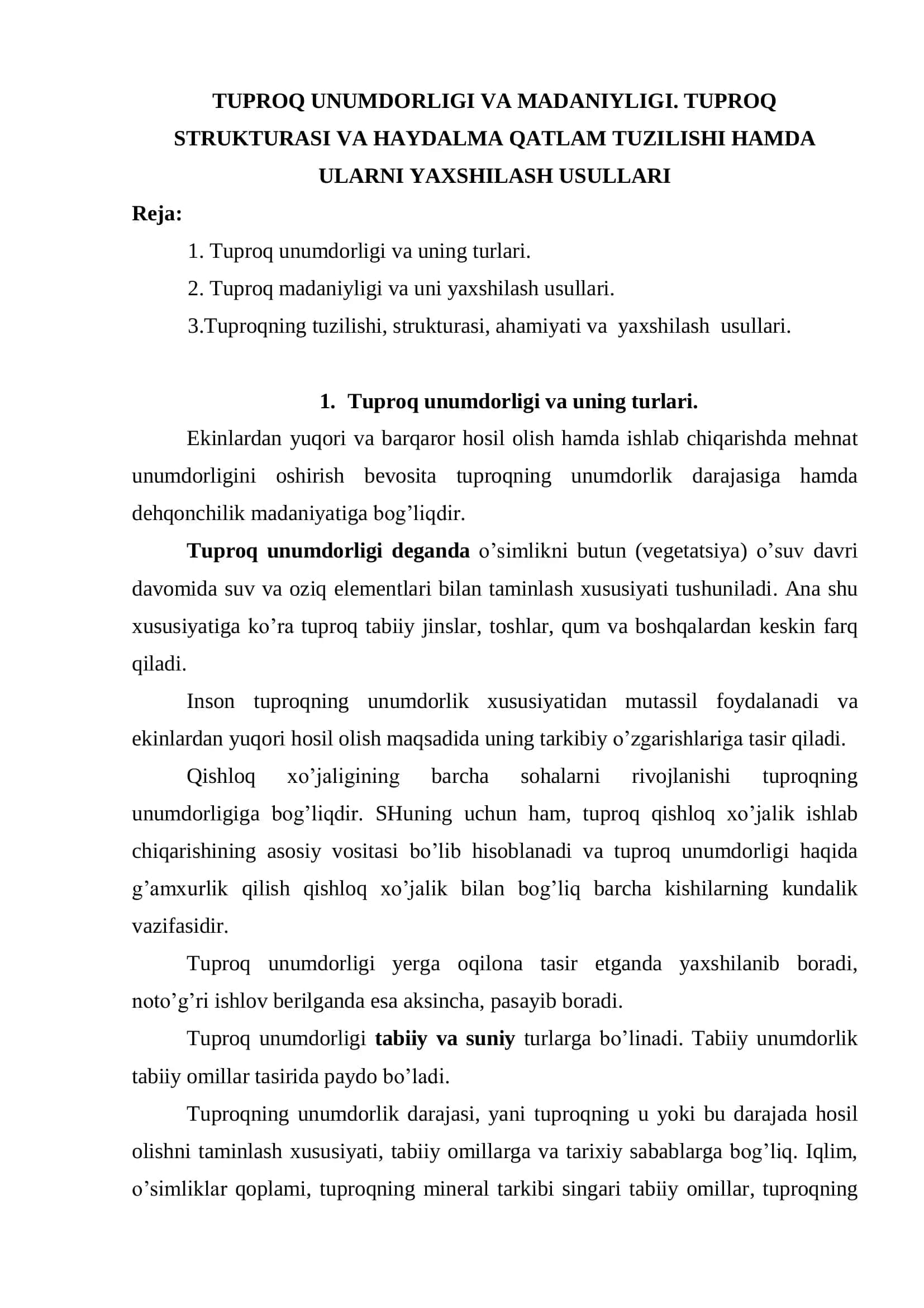 Tuproq unumdorligi va madaniyligi 2