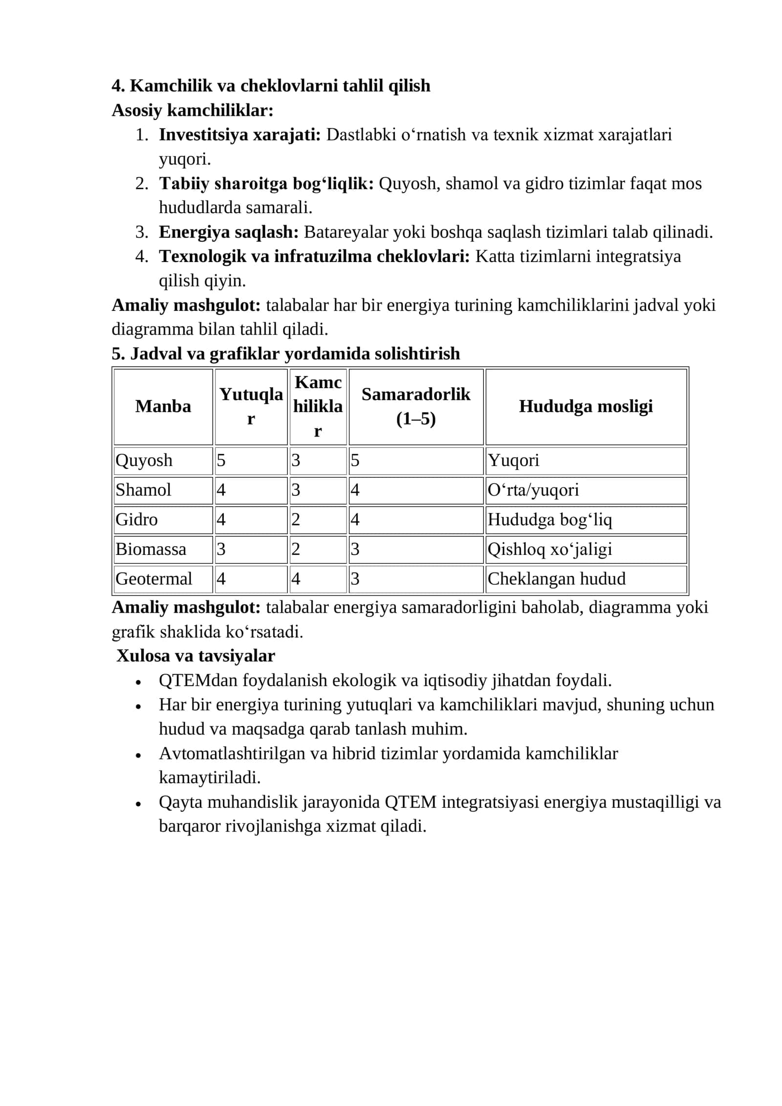 Amaliy mashgulot №2. Qayta tiklanuvchi energiya manbalaridan foydalanish yutuqlari va kamchiliklari tahlil qilish 2