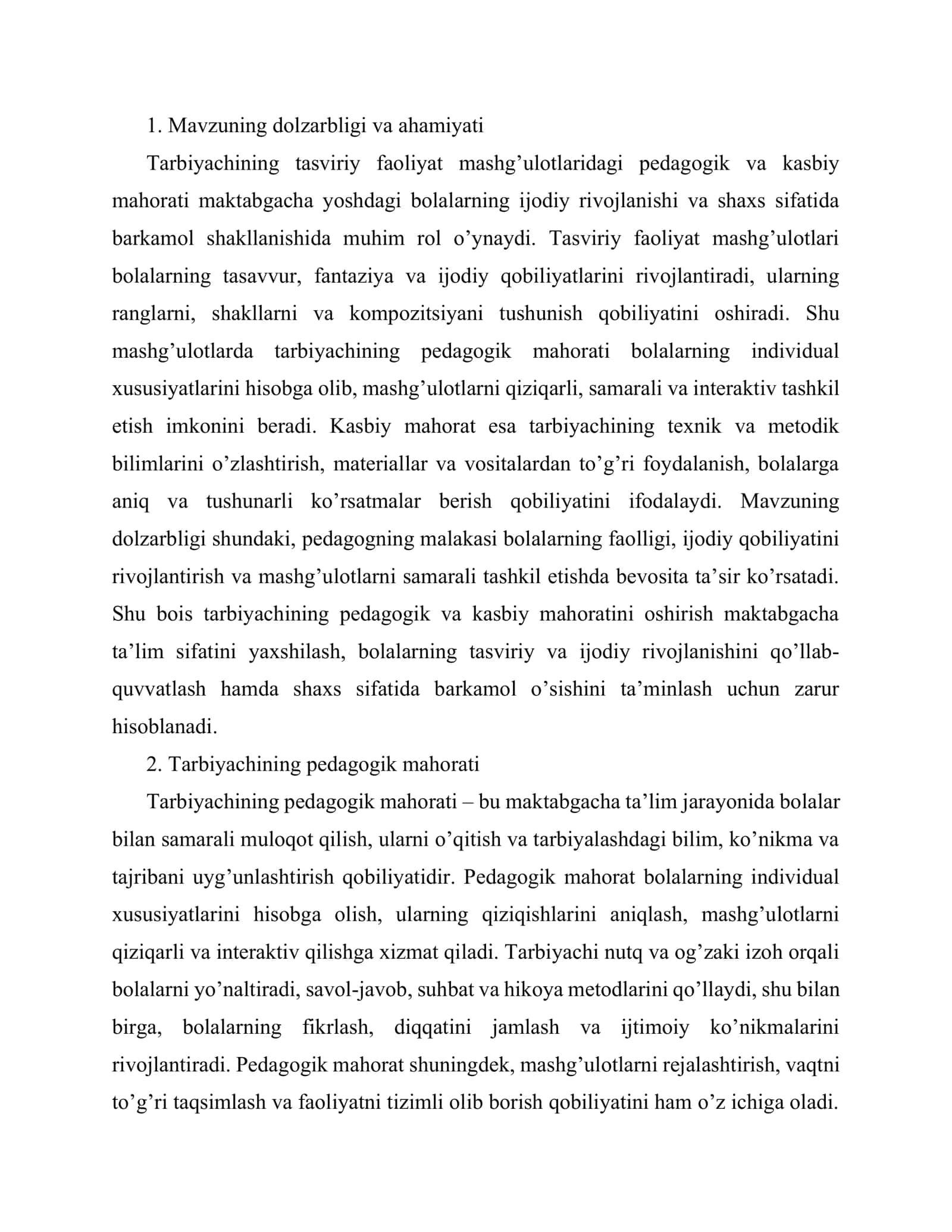 Tarbiyachining tasviriy faoliyat mashg’ulotlaridagi pedagogik va kasbiy mahorati 2