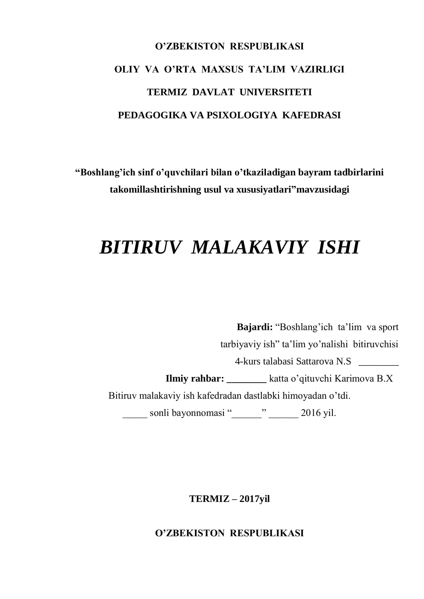 Boshlang’ich sinf o’quvchilari bilan o’tkaziladigan bayram tadbirlarini takomillashtirishning usul va xususiyatlari 2
