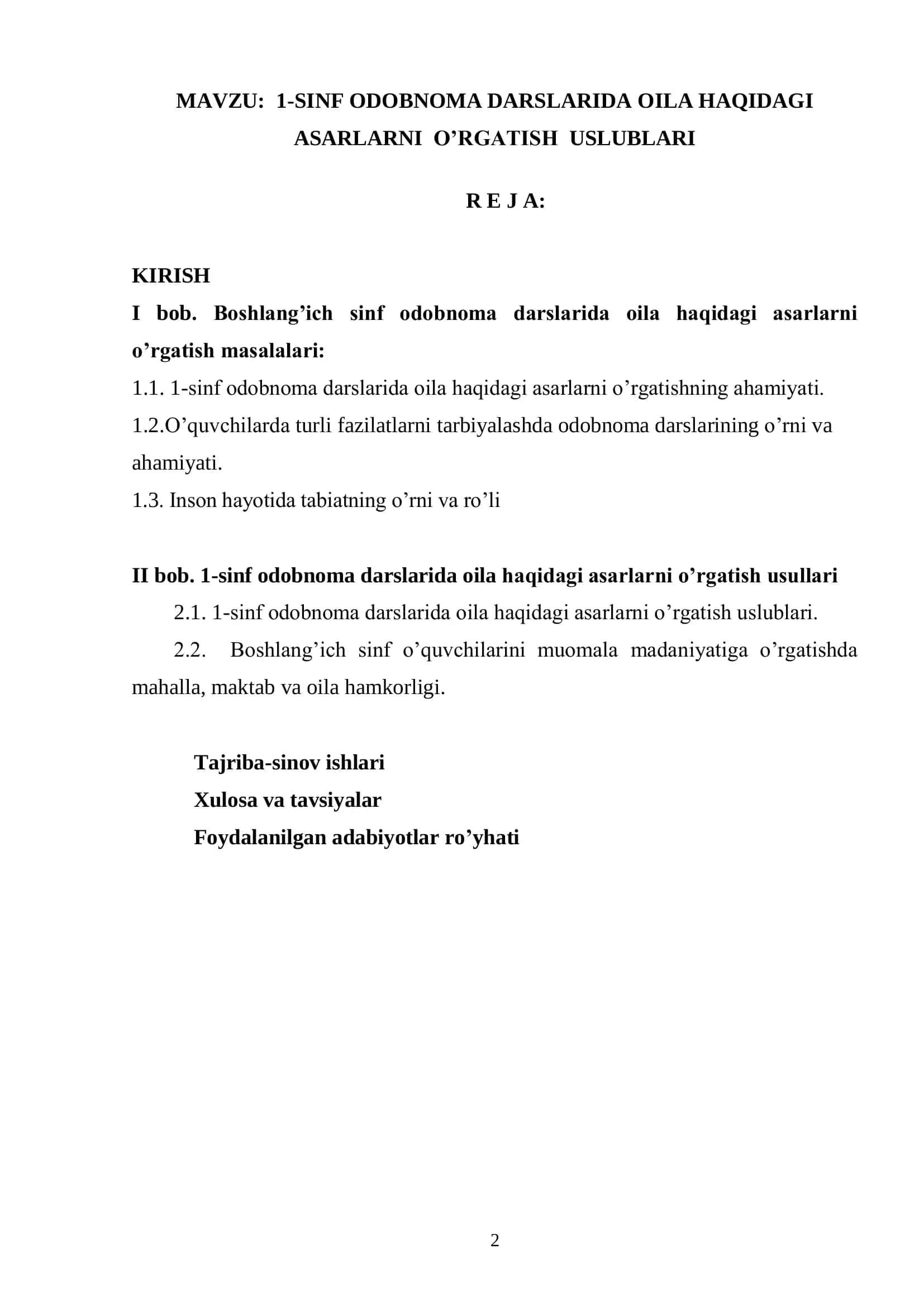 1-SINF ODOBNOMA DARSLARIDA OILA HAQIDAGI ASARLARNI O’RGATISH USLUBLARI 2