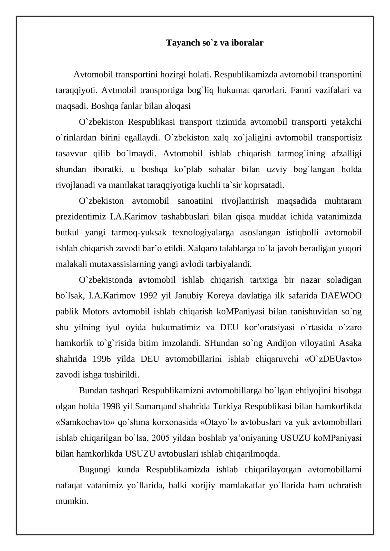 O’zbekiston respublikasi avtomobil yollarining rivojlanishi boyicha hukumat qarorlari va farmoishlarini organish 2