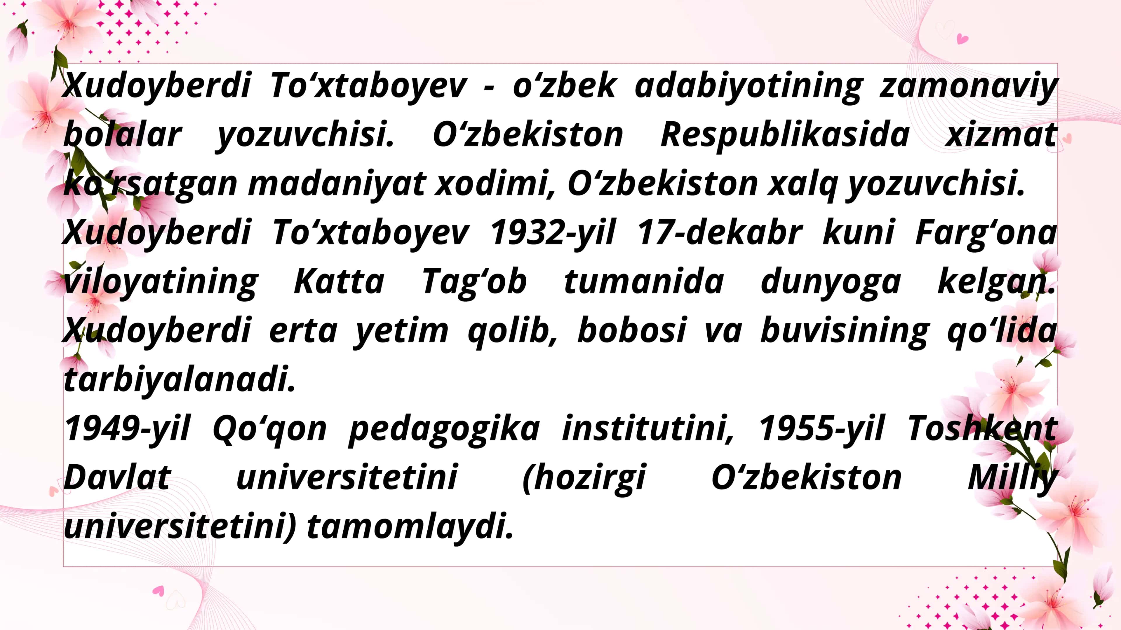 Xudoyberdi Toʻxtaboyev hayoti va ijodi 2
